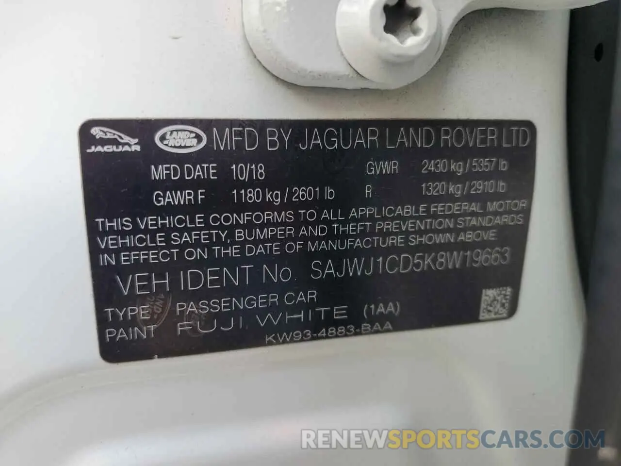 15 Photograph of a damaged car SAJWJ1CD5K8W19663 JAGUAR XJ 2019
