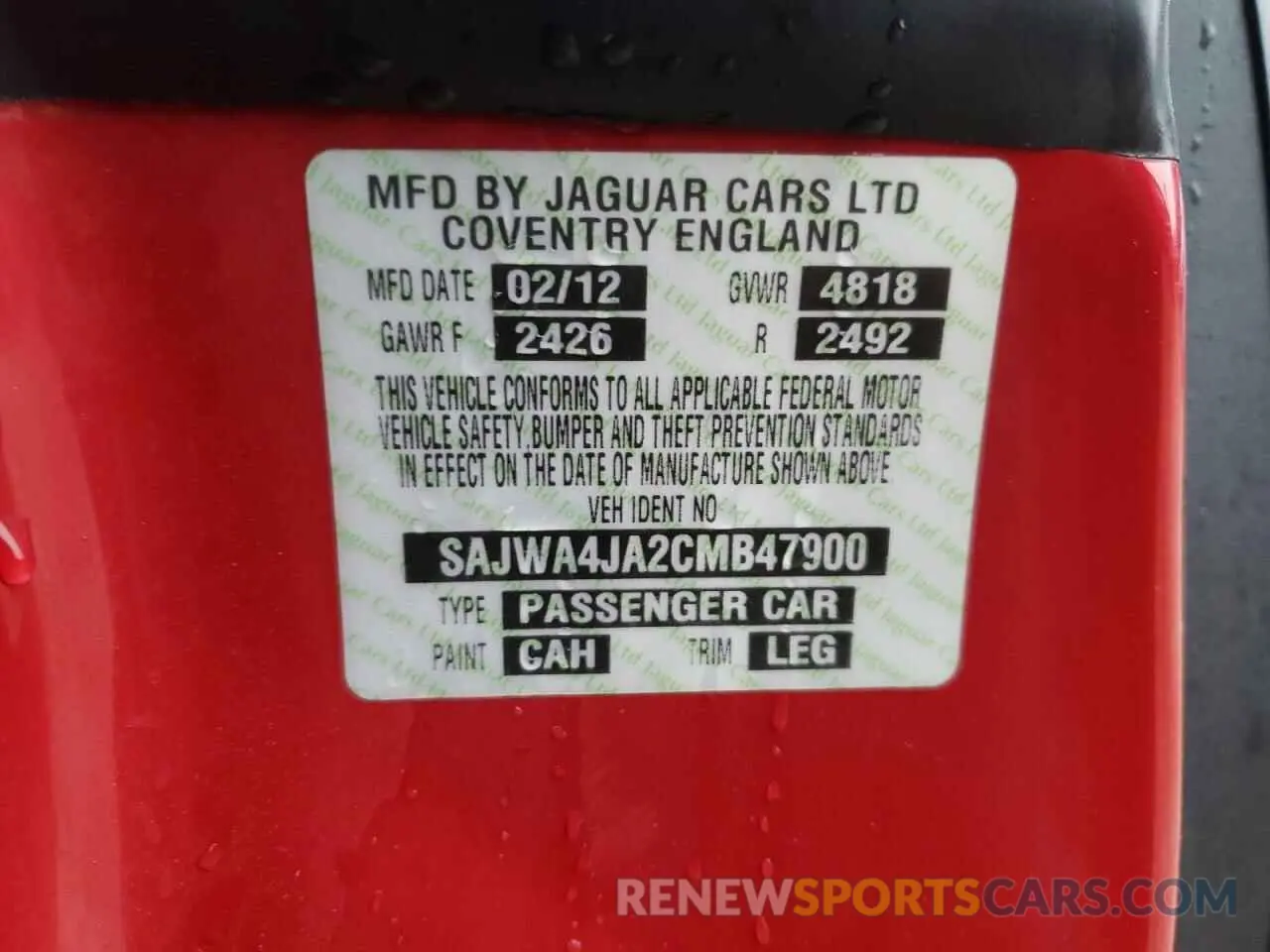 12 Photograph of a damaged car SAJWA4JA2CMB47900 JAGUAR XKR 2012
