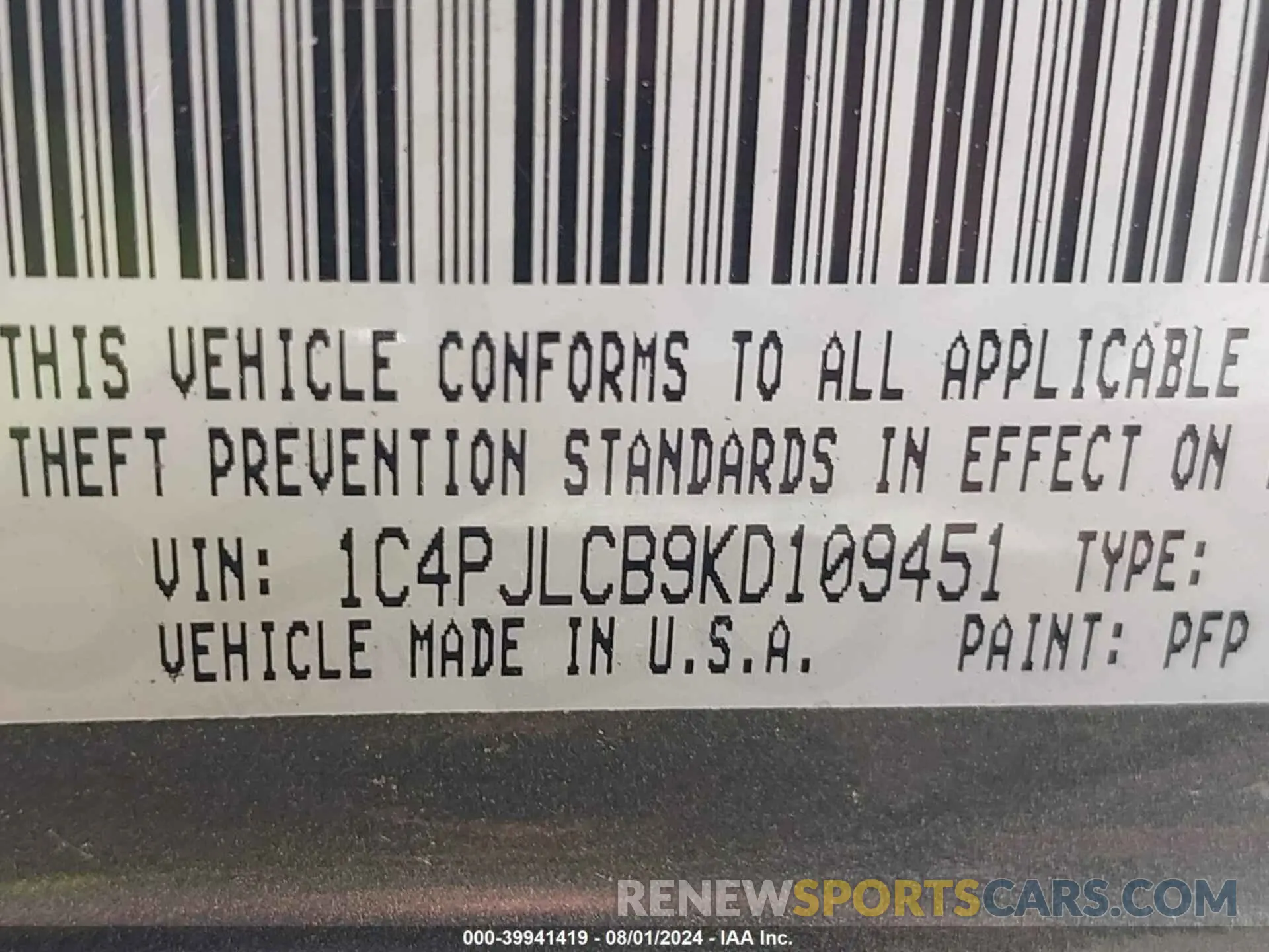 9 Photograph of a damaged car 1C4PJLCB9KD109451 JEEP CHEROKEE 2019