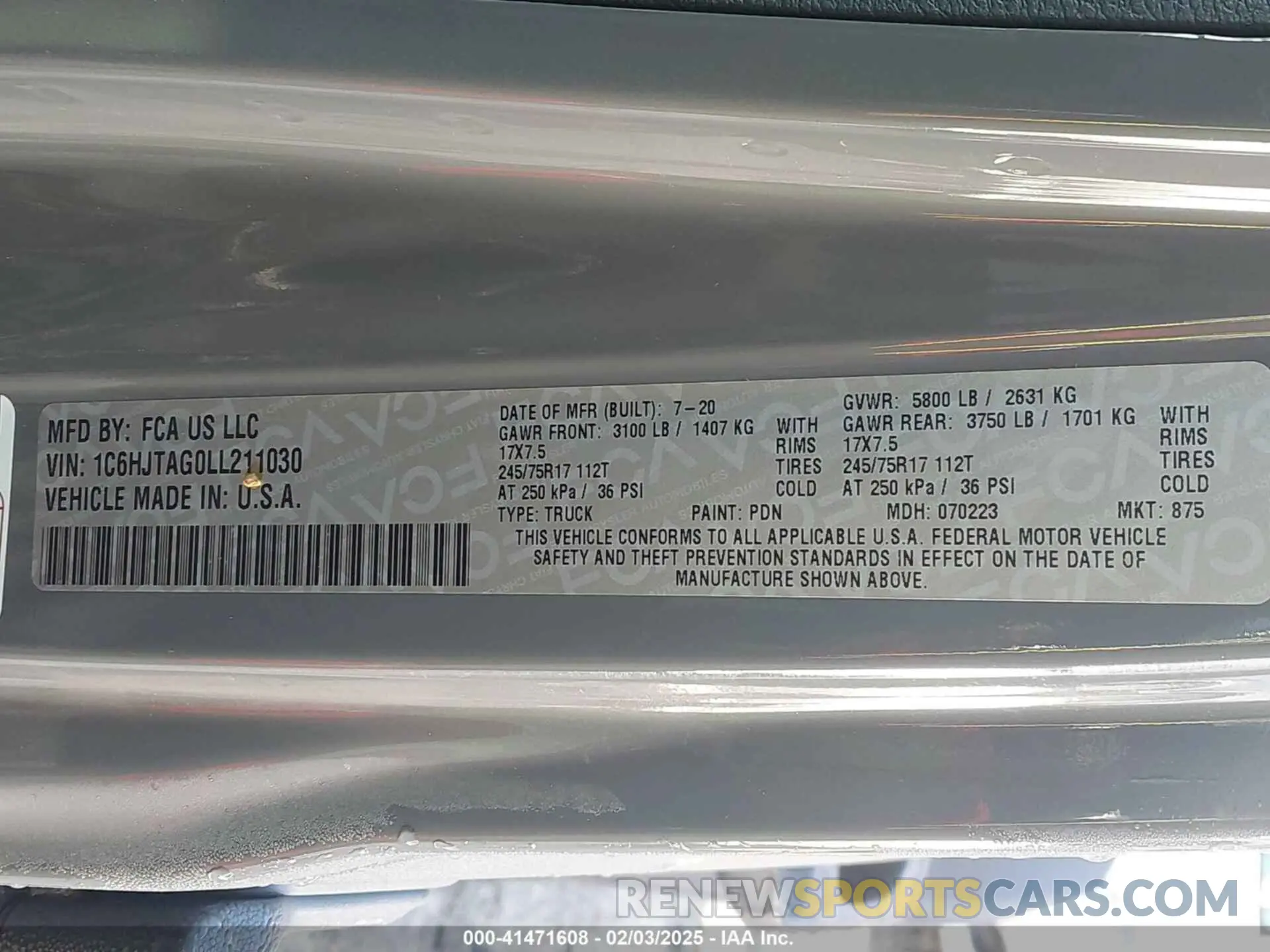 9 Photograph of a damaged car 1C6HJTAG0LL211030 JEEP GLADIATOR 2020