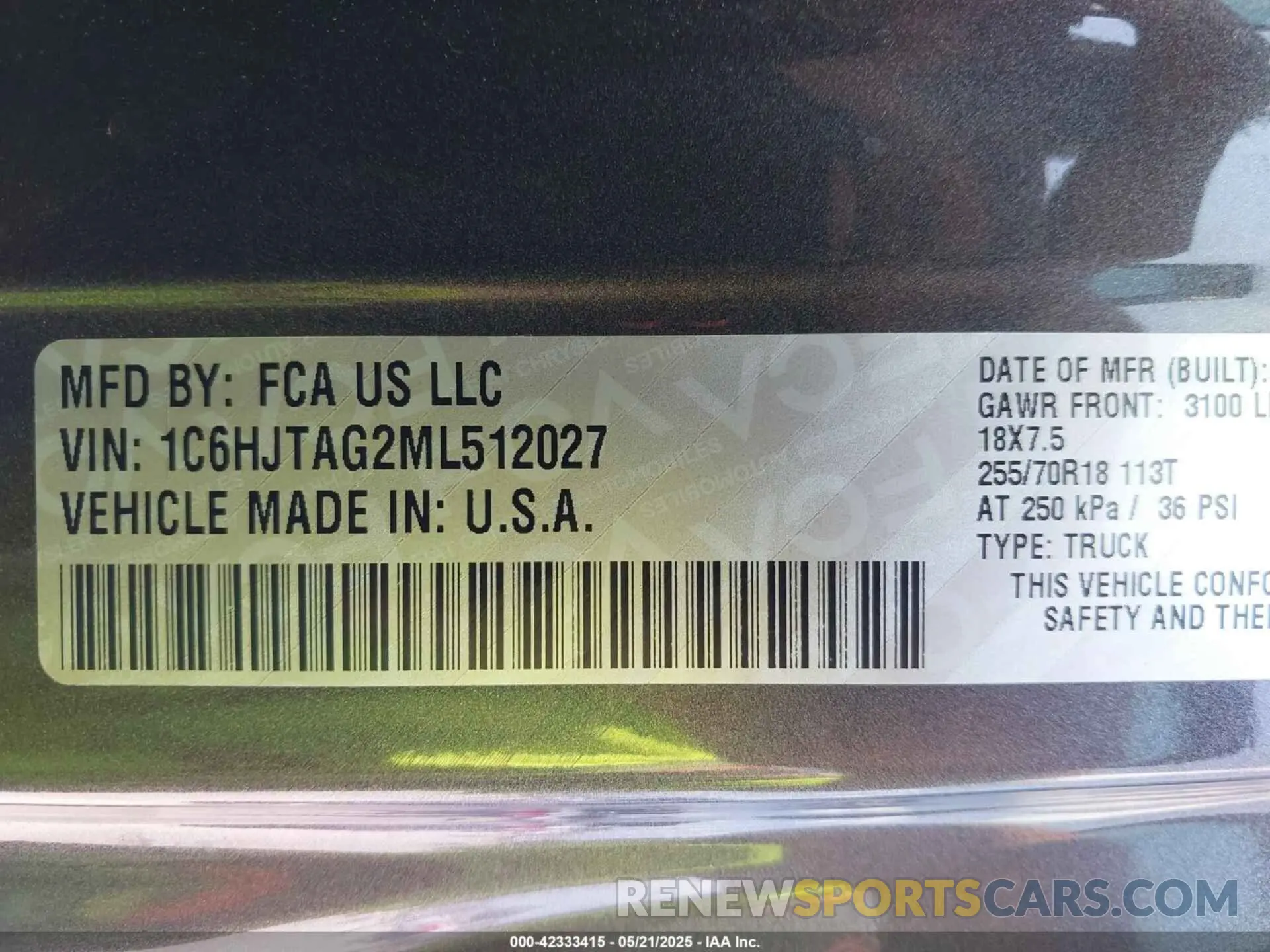 9 Photograph of a damaged car 1C6HJTAG2ML512027 JEEP GLADIATOR 2021