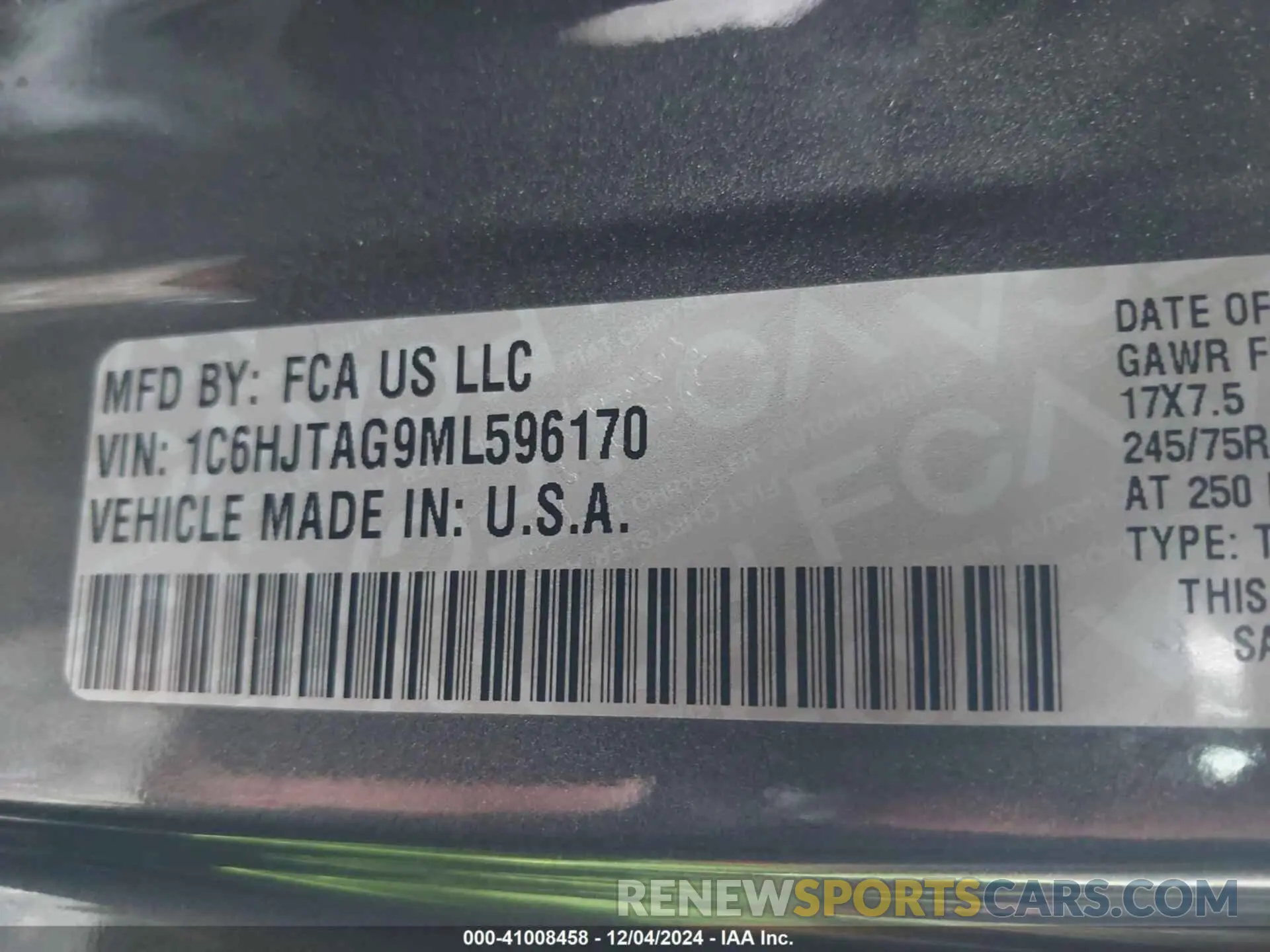 9 Photograph of a damaged car 1C6HJTAG9ML596170 JEEP GLADIATOR 2021