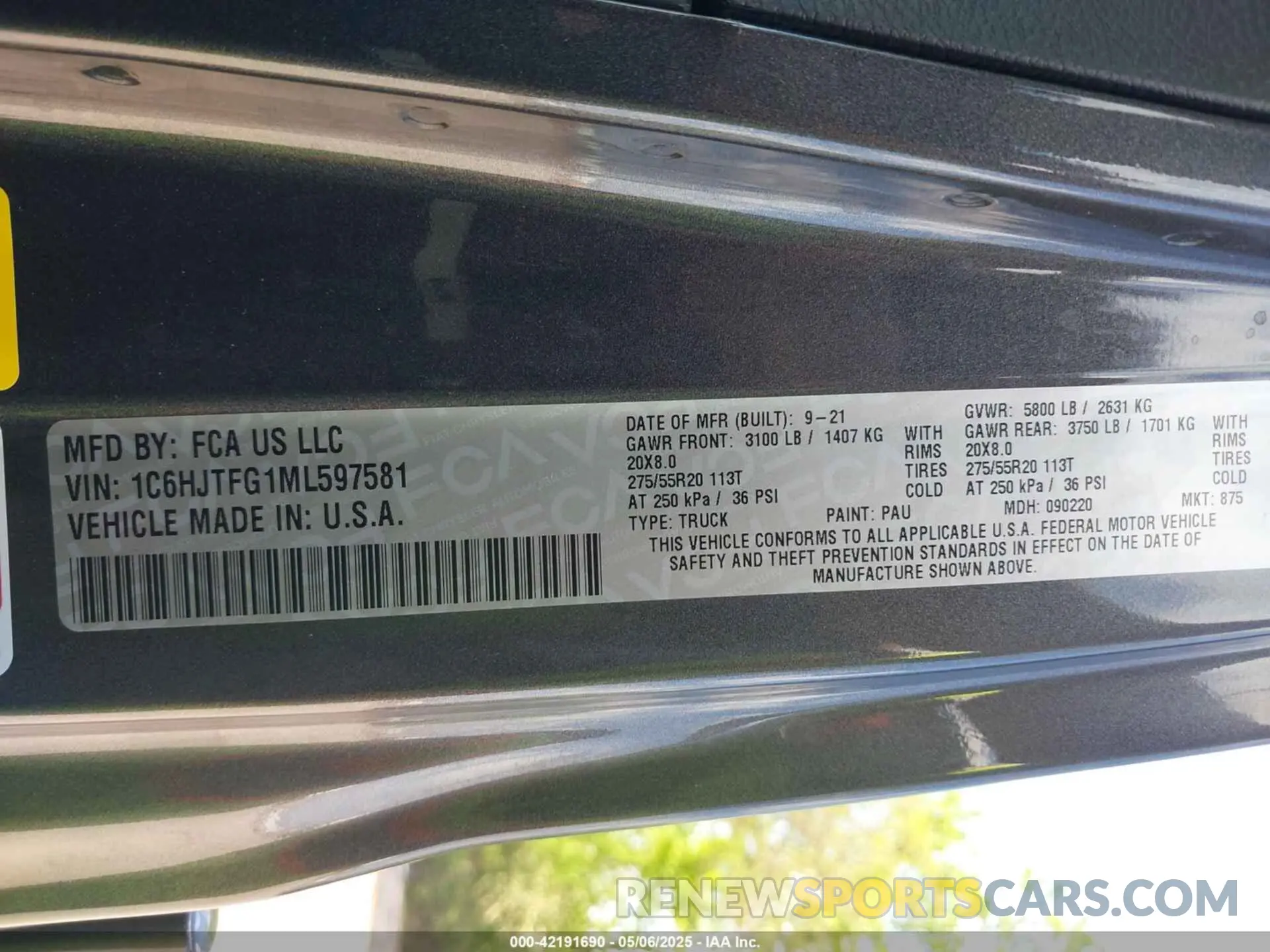 9 Photograph of a damaged car 1C6HJTFG1ML597581 JEEP GLADIATOR 2021