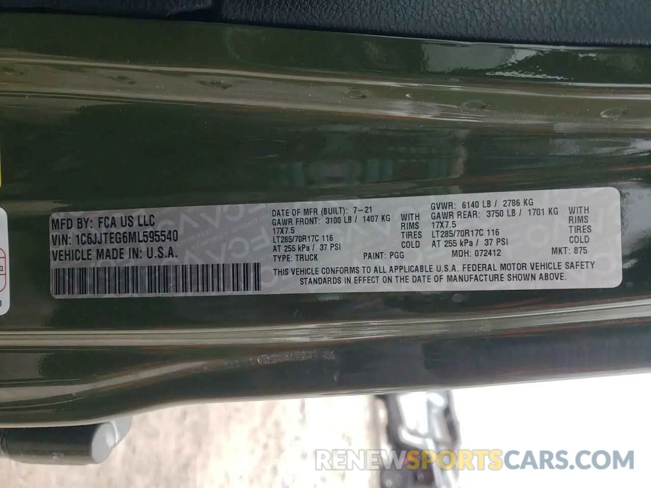 12 Photograph of a damaged car 1C6JJTEG6ML595540 JEEP GLADIATOR 2021