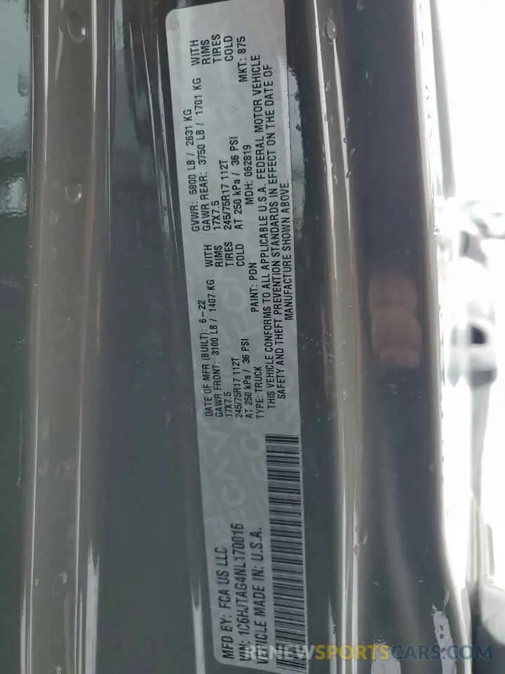 12 Photograph of a damaged car 1C6HJTAG4NL170016 JEEP GLADIATOR 2022