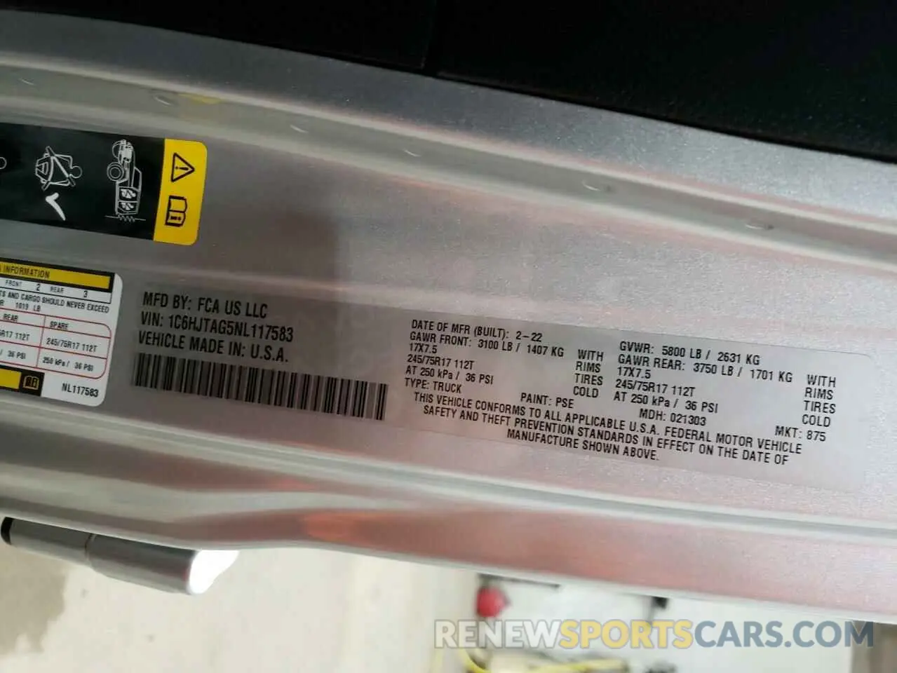 14 Photograph of a damaged car 1C6HJTAG5NL117583 JEEP GLADIATOR 2022