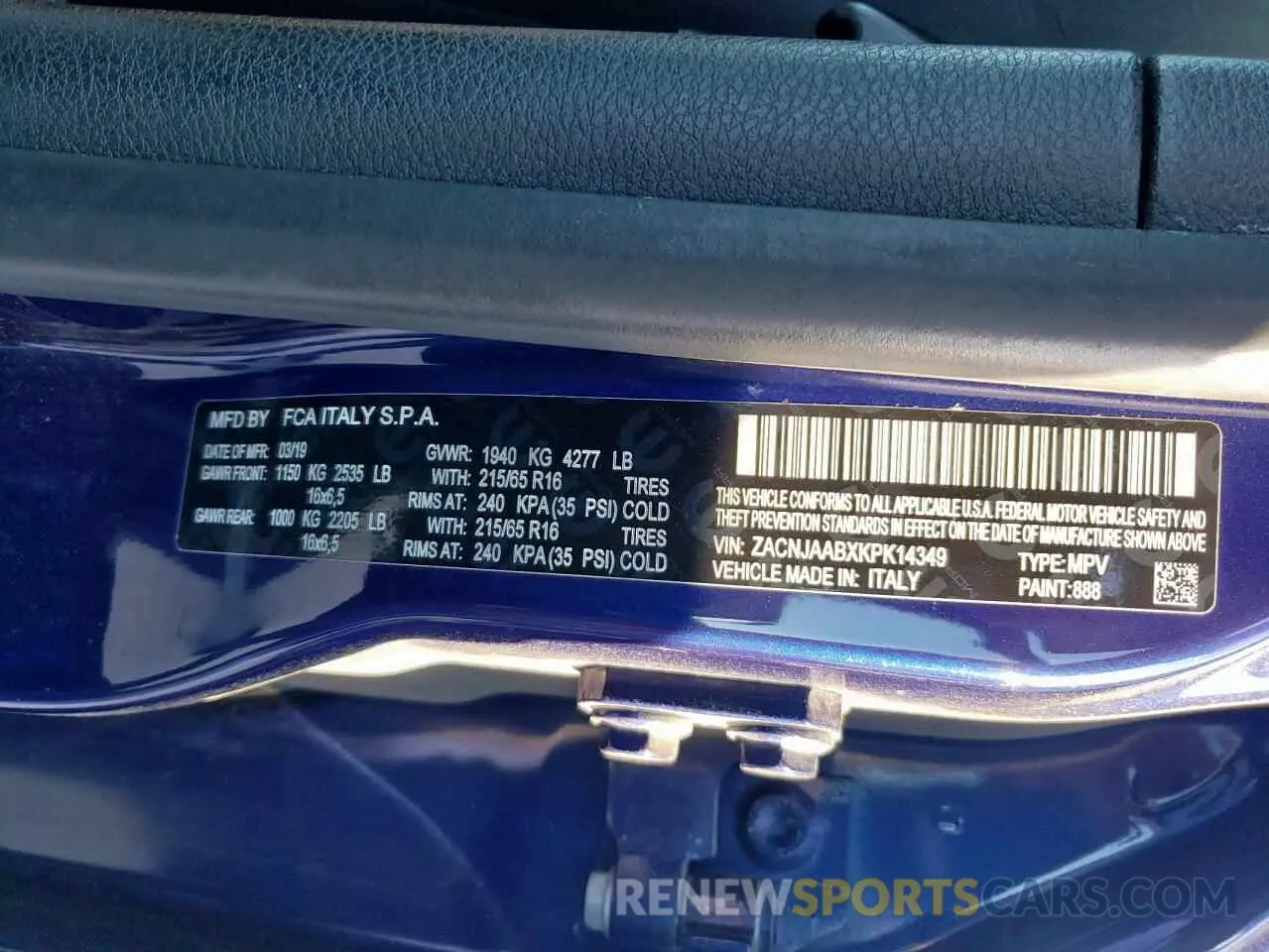 12 Photograph of a damaged car ZACNJAABXKPK14349 JEEP RENEGADE 2019