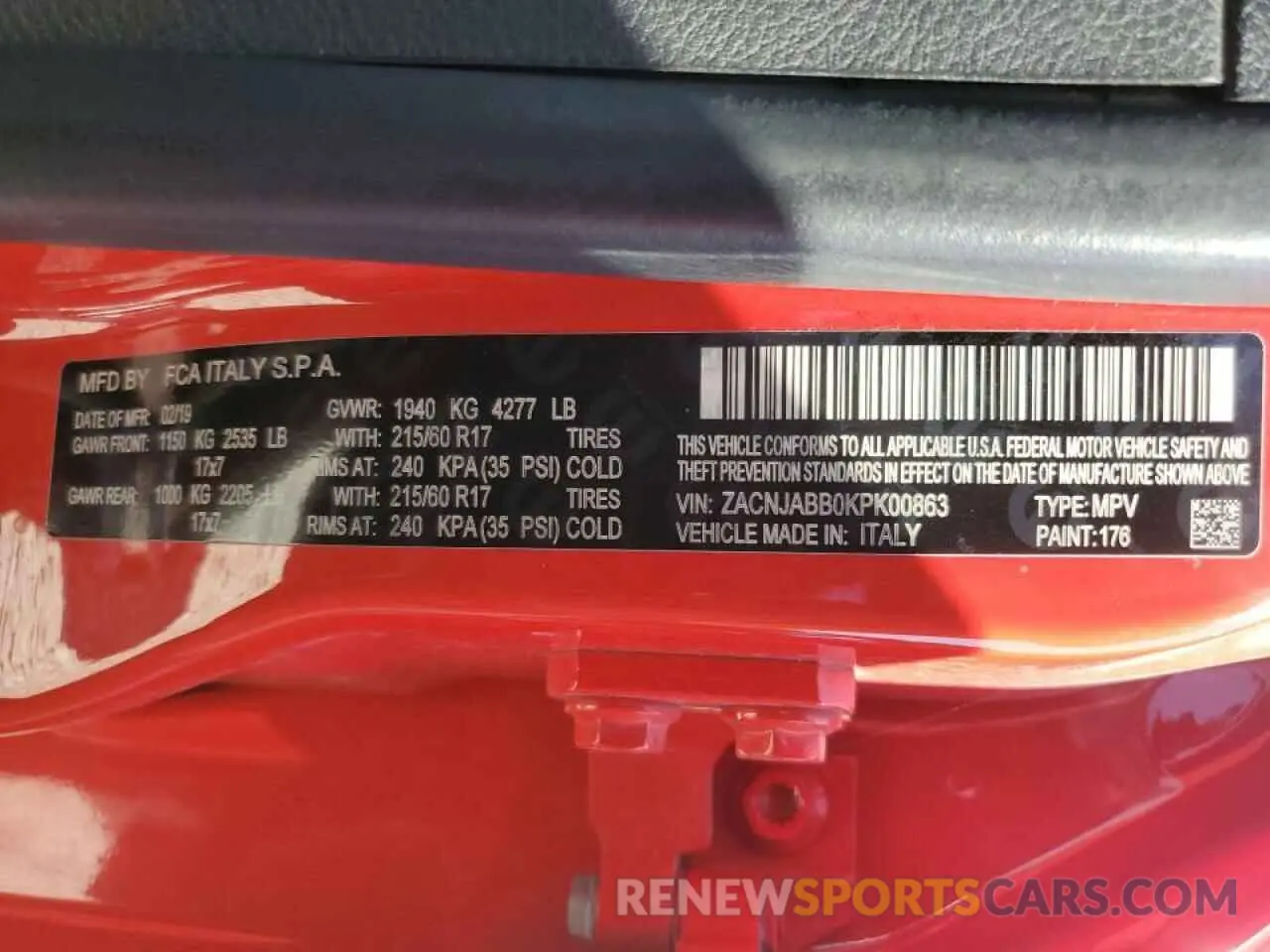 13 Photograph of a damaged car ZACNJABB0KPK00863 JEEP RENEGADE 2019