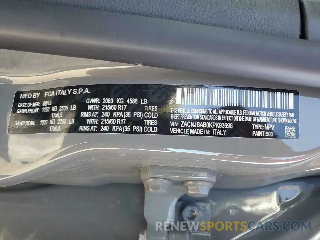 12 Photograph of a damaged car ZACNJBAB0KPK93696 JEEP RENEGADE 2019
