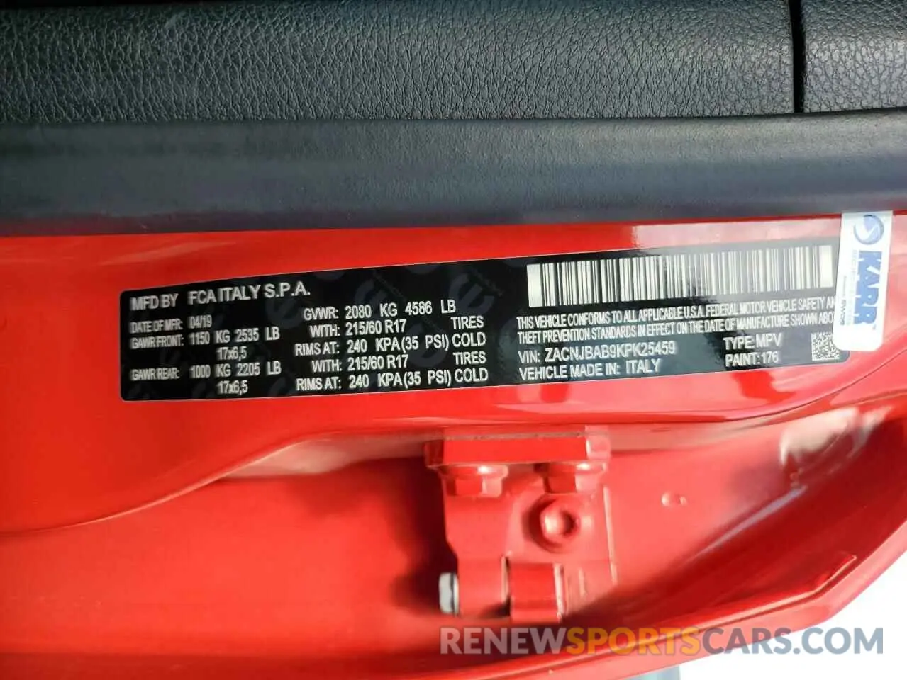 13 Photograph of a damaged car ZACNJBAB9KPK25459 JEEP RENEGADE 2019