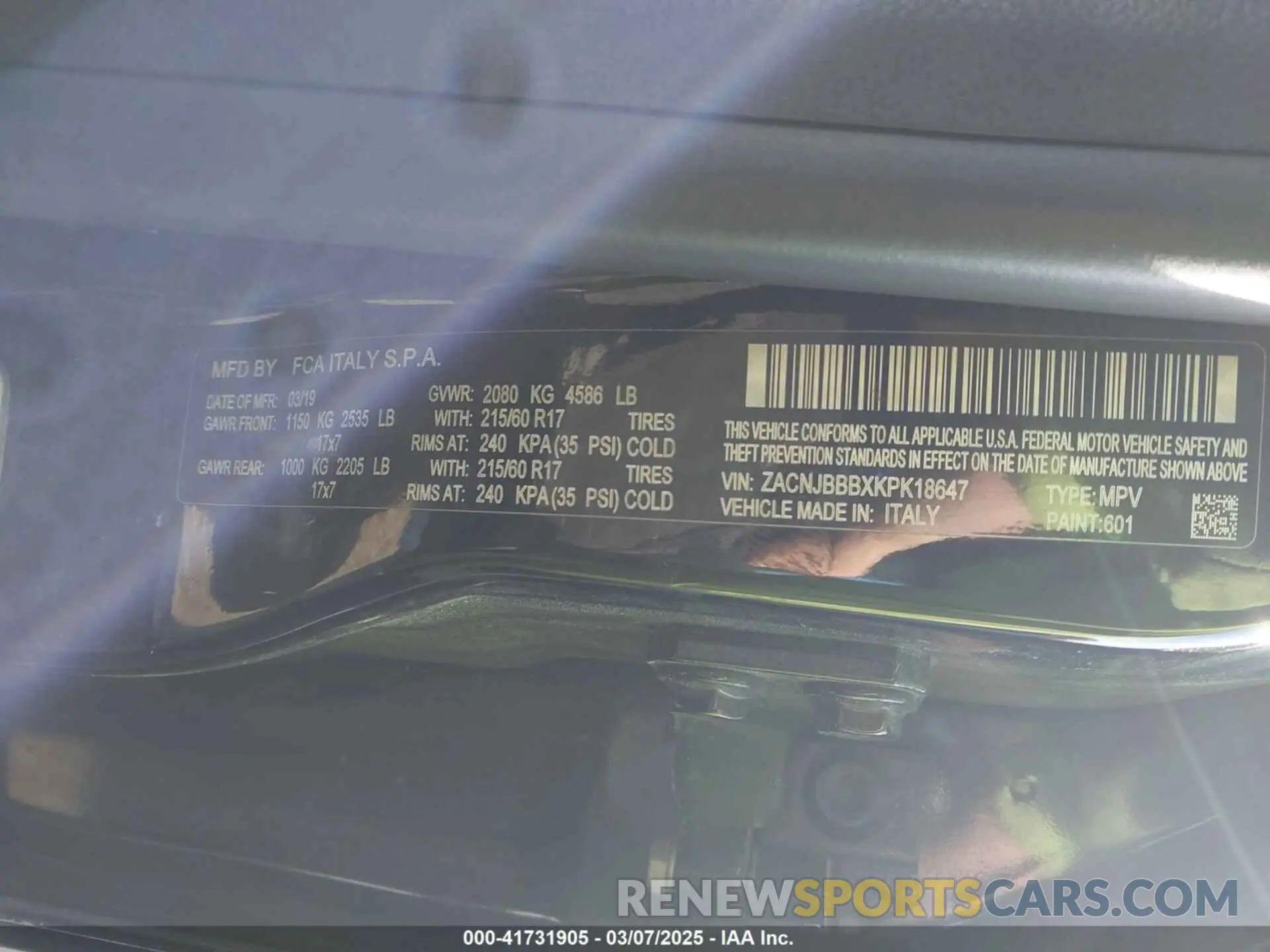 9 Photograph of a damaged car ZACNJBBBXKPK18647 JEEP RENEGADE 2019