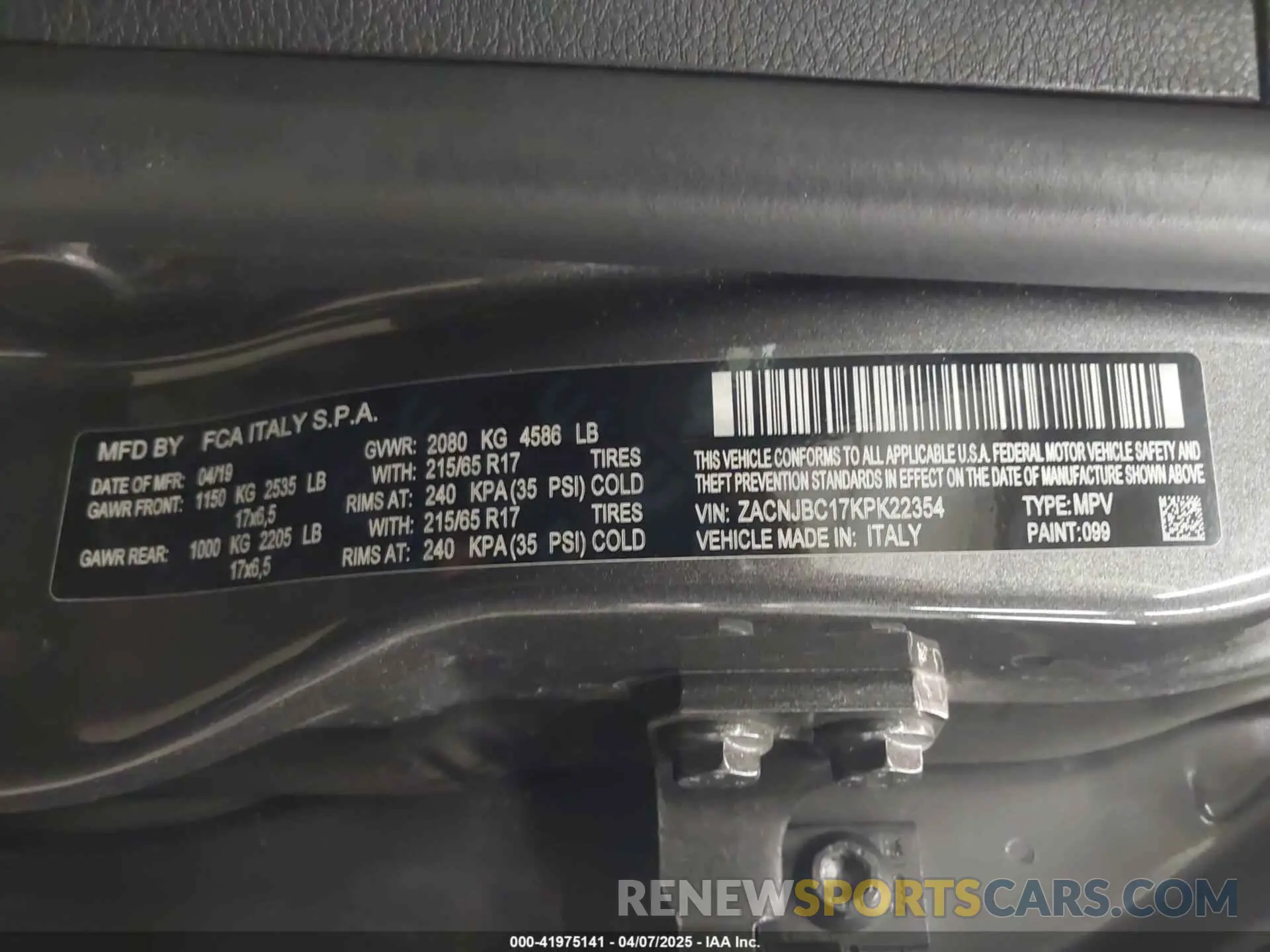 9 Photograph of a damaged car ZACNJBC17KPK22354 JEEP RENEGADE 2019