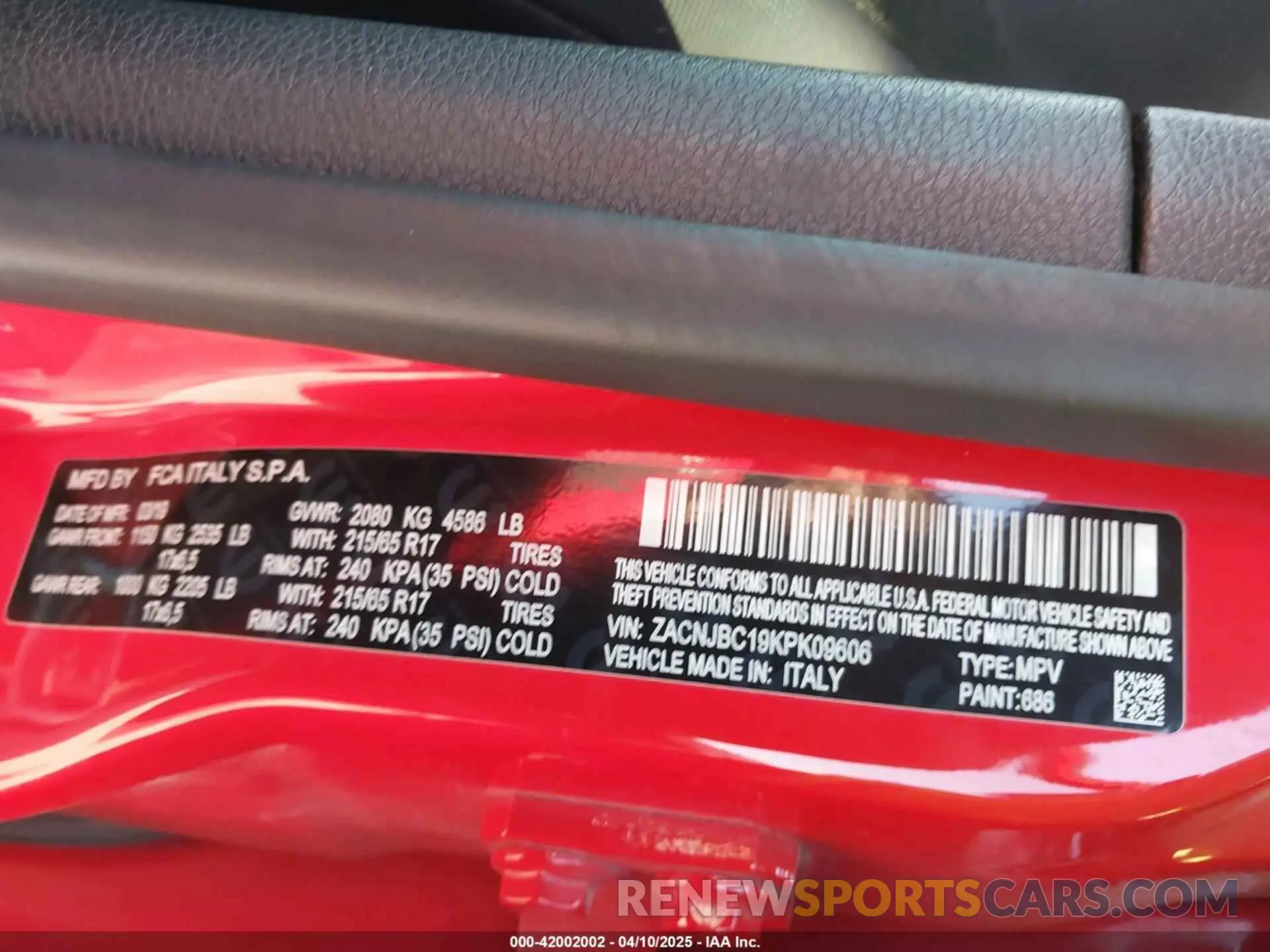 9 Photograph of a damaged car ZACNJBC19KPK09606 JEEP RENEGADE 2019