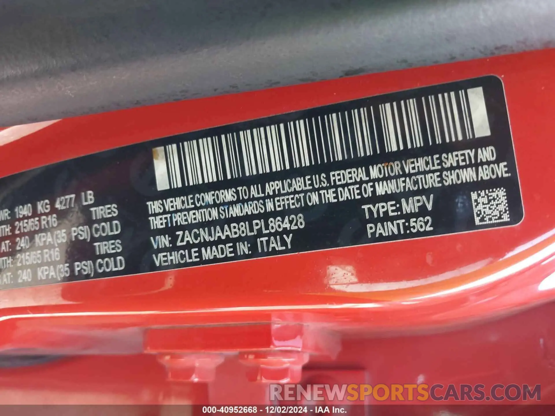 9 Photograph of a damaged car ZACNJAAB8LPL86428 JEEP RENEGADE 2020