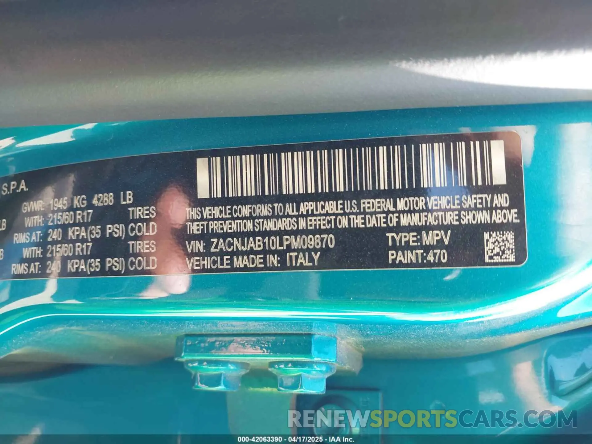 9 Photograph of a damaged car ZACNJAB10LPM09870 JEEP RENEGADE 2020
