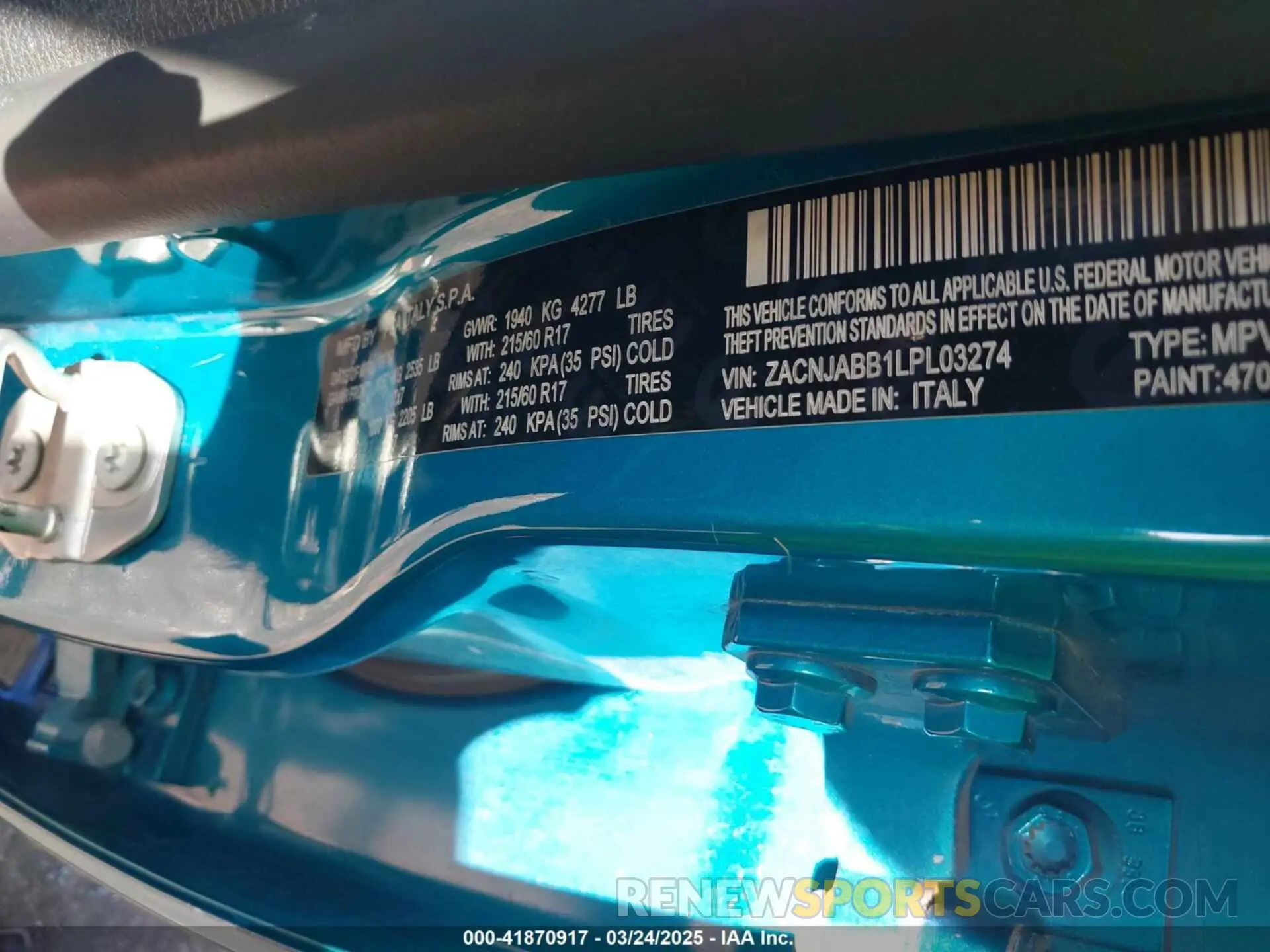 9 Photograph of a damaged car ZACNJABB1LPL03274 JEEP RENEGADE 2020