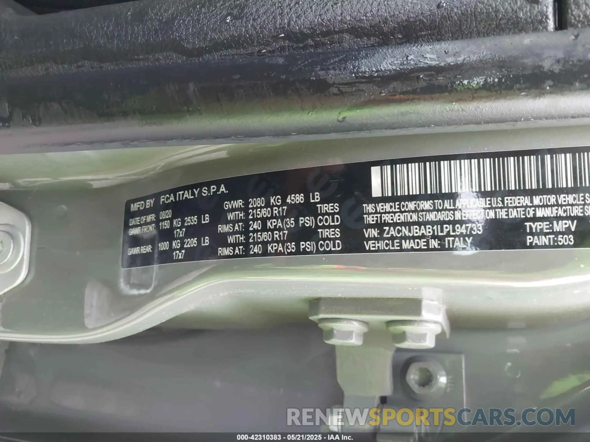 9 Photograph of a damaged car ZACNJBAB1LPL94733 JEEP RENEGADE 2020