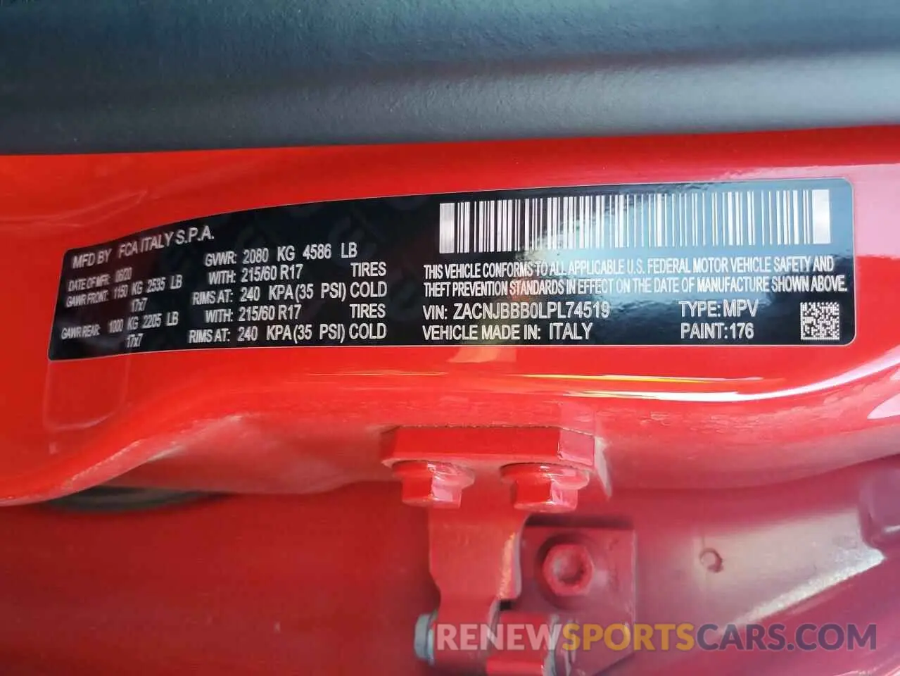 14 Photograph of a damaged car ZACNJBBB0LPL74519 JEEP RENEGADE 2020
