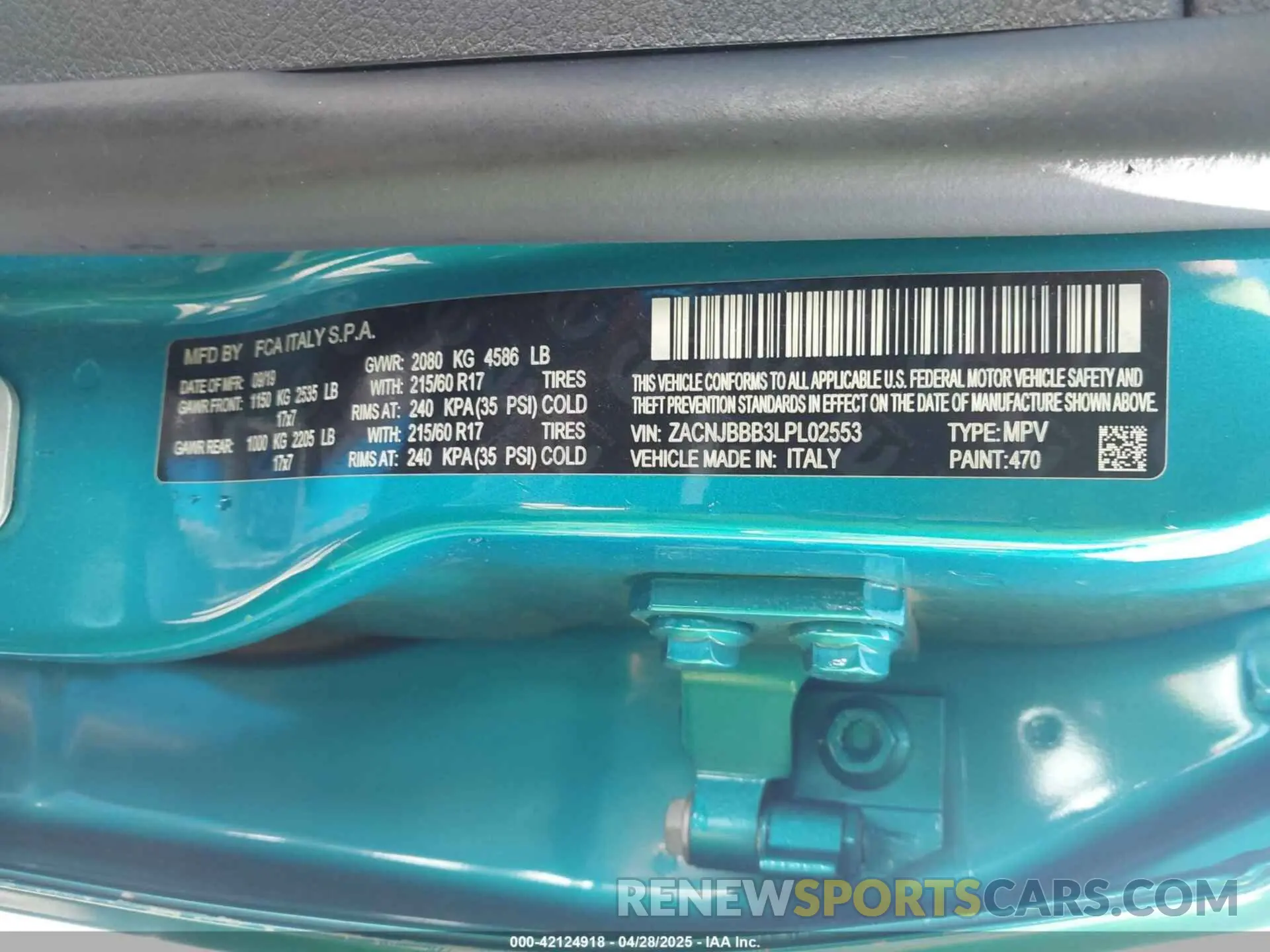 9 Photograph of a damaged car ZACNJBBB3LPL02553 JEEP RENEGADE 2020