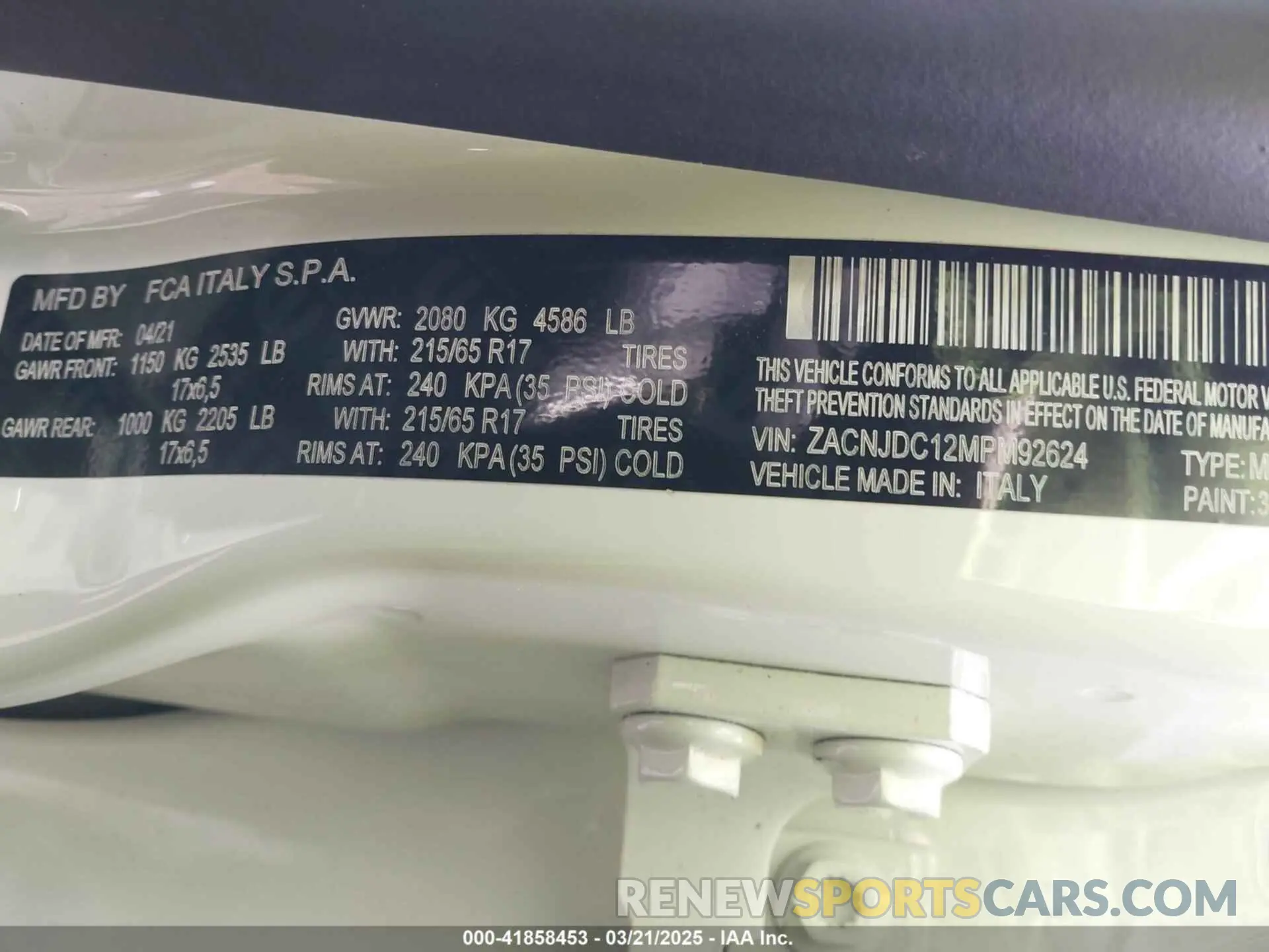 9 Photograph of a damaged car ZACNJDC12MPM92624 JEEP RENEGADE 2021