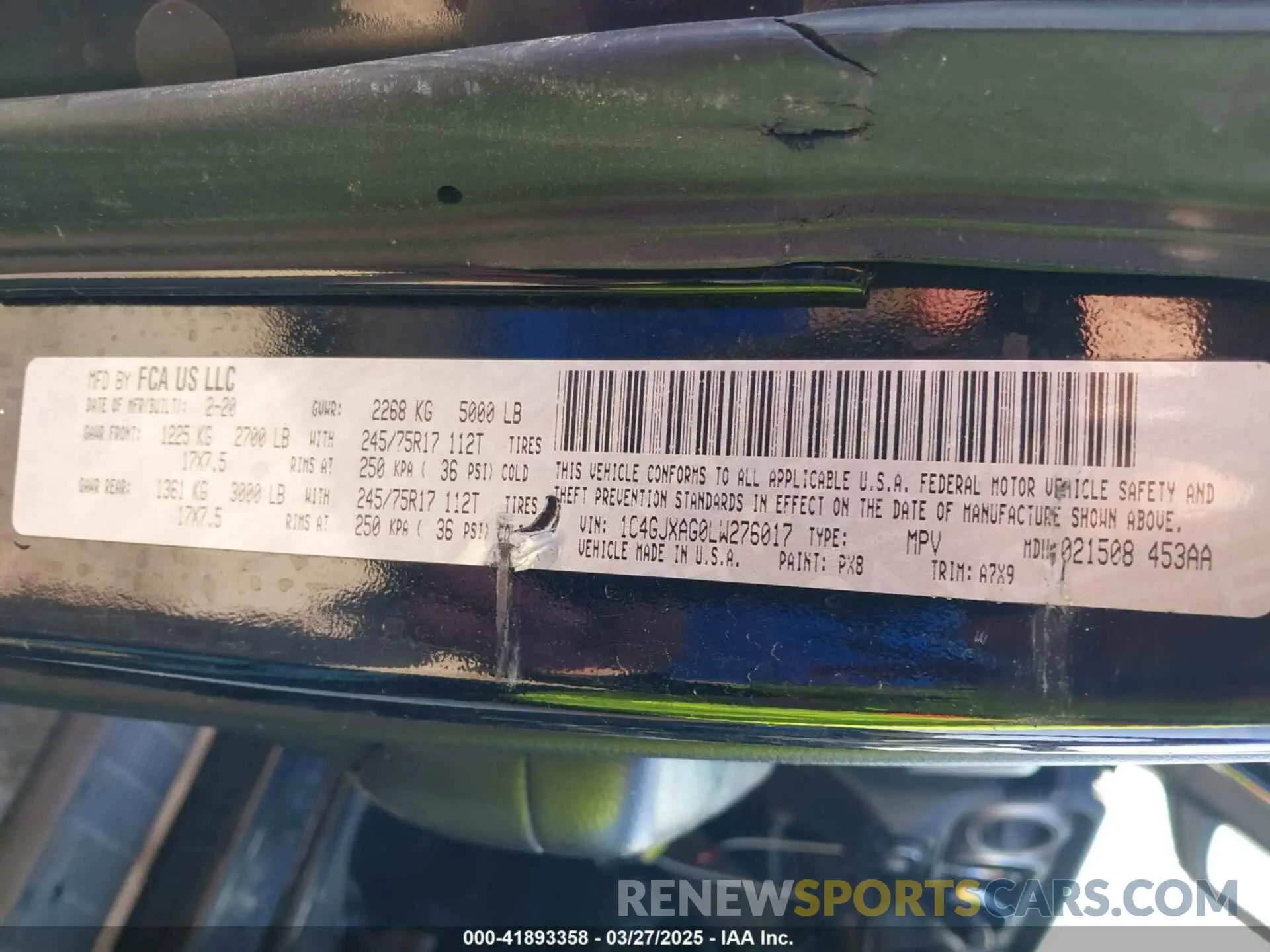 9 Photograph of a damaged car 1C4GJXAG0LW276017 JEEP WRANGLER 2020