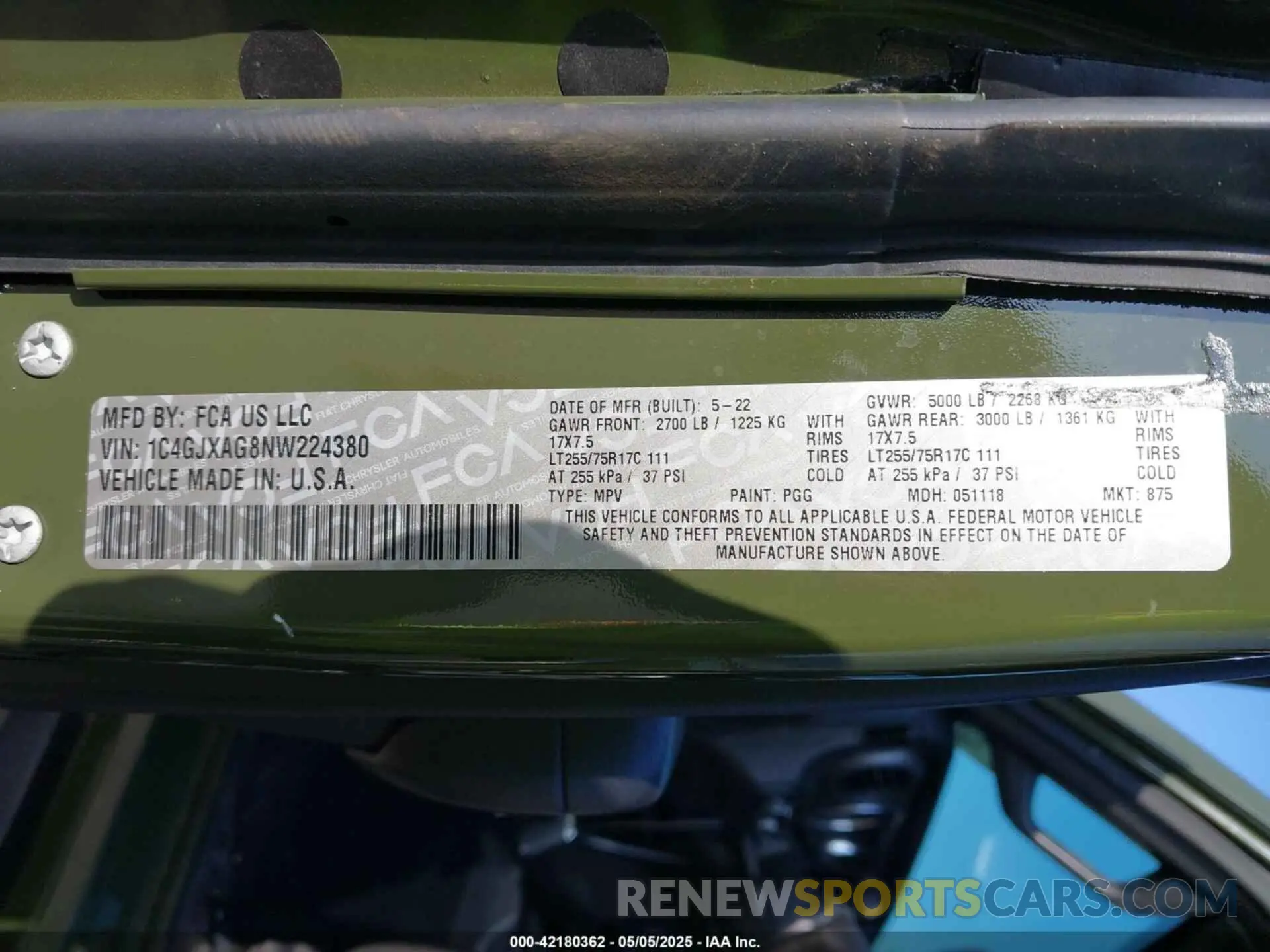 9 Photograph of a damaged car 1C4GJXAG8NW224380 JEEP WRANGLER 2022