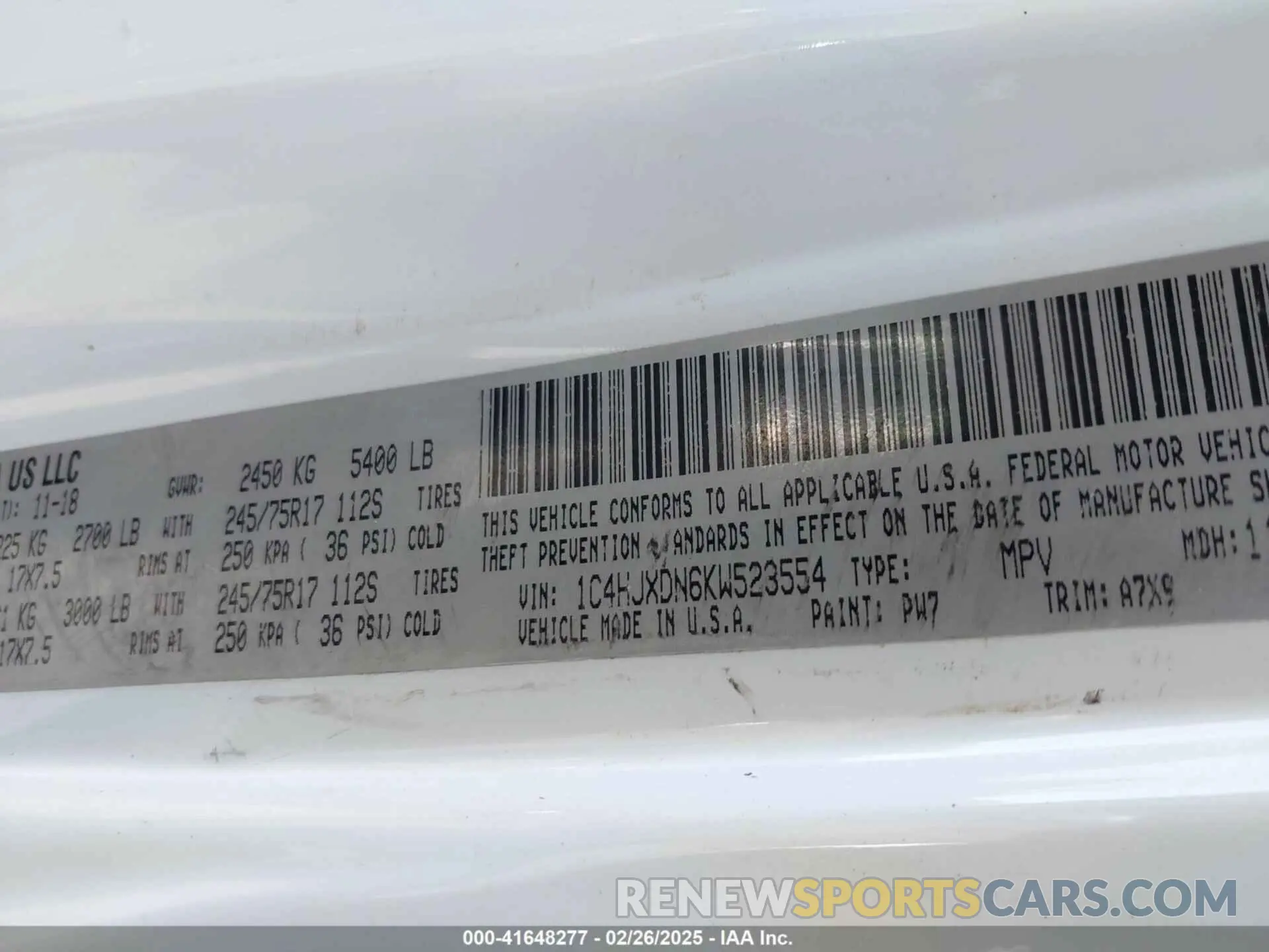 9 Photograph of a damaged car 1C4HJXDN6KW523554 JEEP WRANGLER UNLIMITED 2019