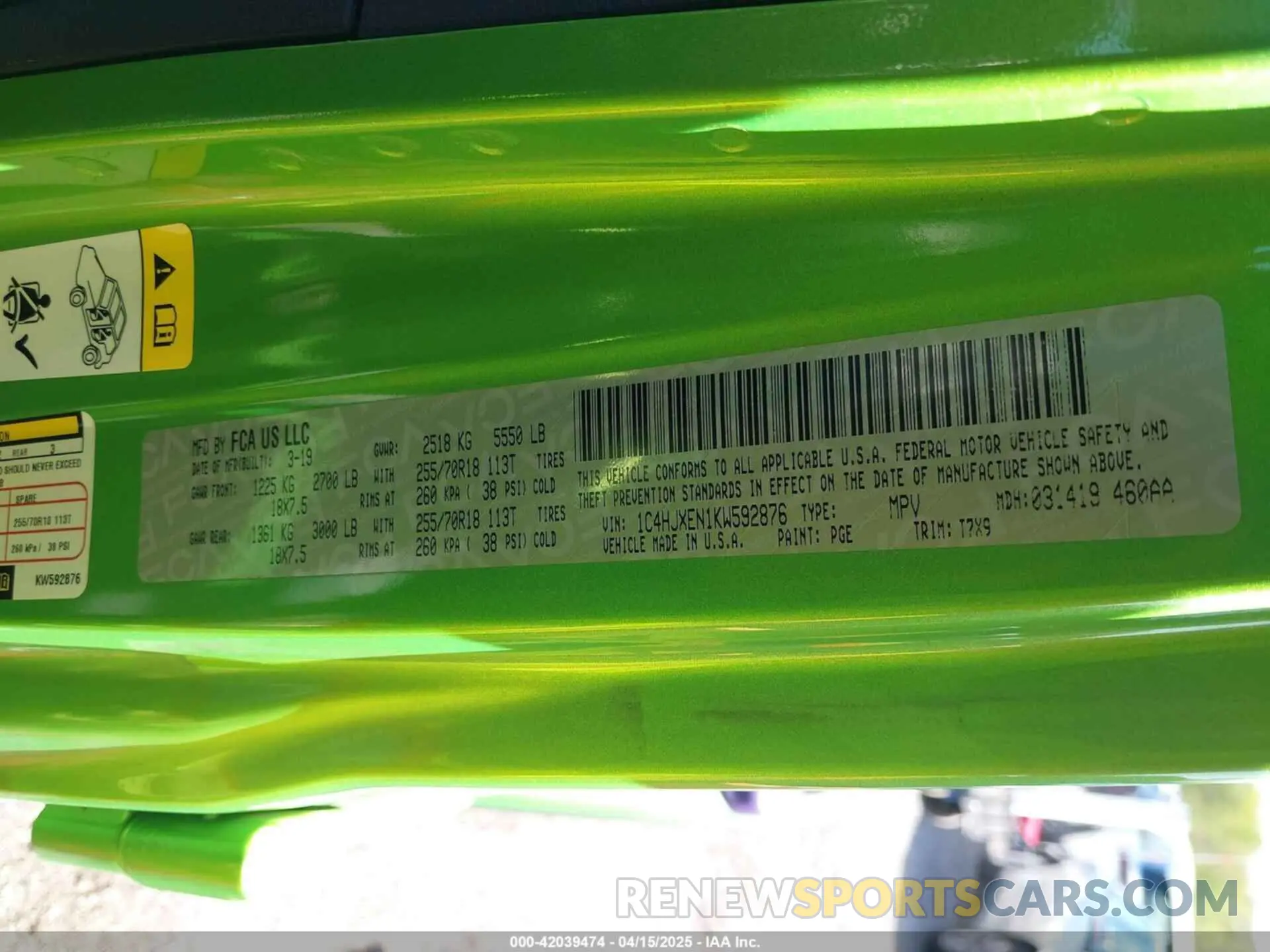 9 Photograph of a damaged car 1C4HJXEN1KW592876 JEEP WRANGLER UNLIMITED 2019