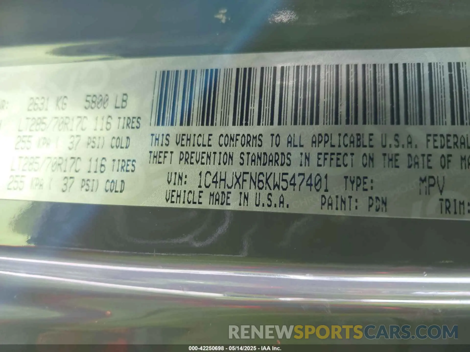 9 Photograph of a damaged car 1C4HJXFN6KW547401 JEEP WRANGLER UNLIMITED 2019