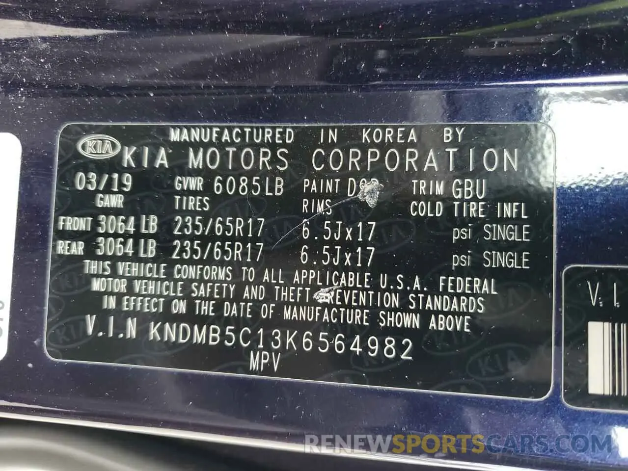 13 Photograph of a damaged car KNDMB5C13K6564982 KIA All Models 2019