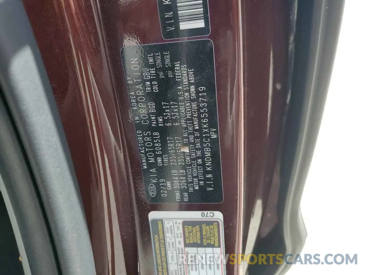 13 Photograph of a damaged car KNDMB5C1XK6553719 KIA All Models 2019