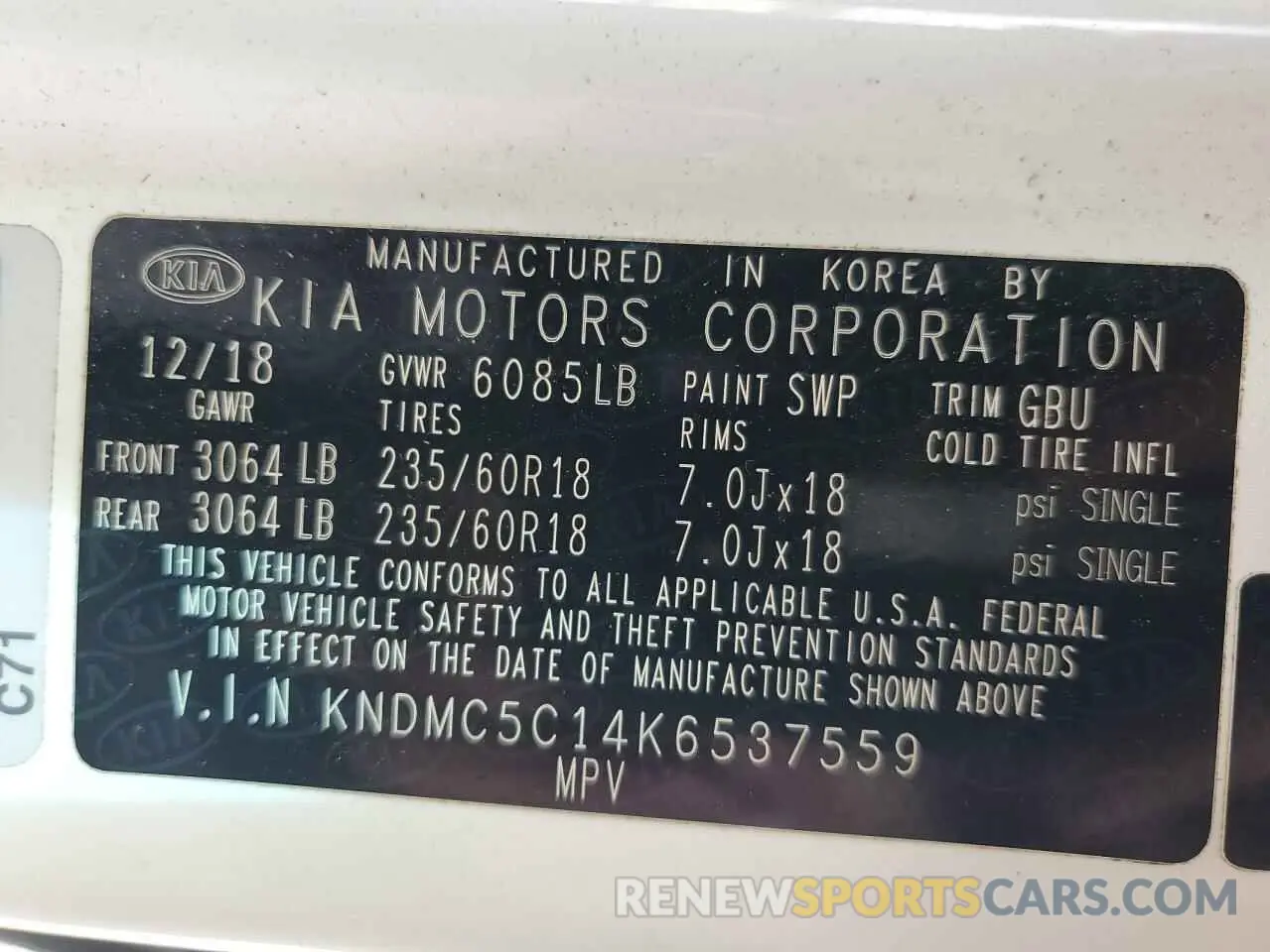 13 Photograph of a damaged car KNDMC5C14K6537559 KIA All Models 2019