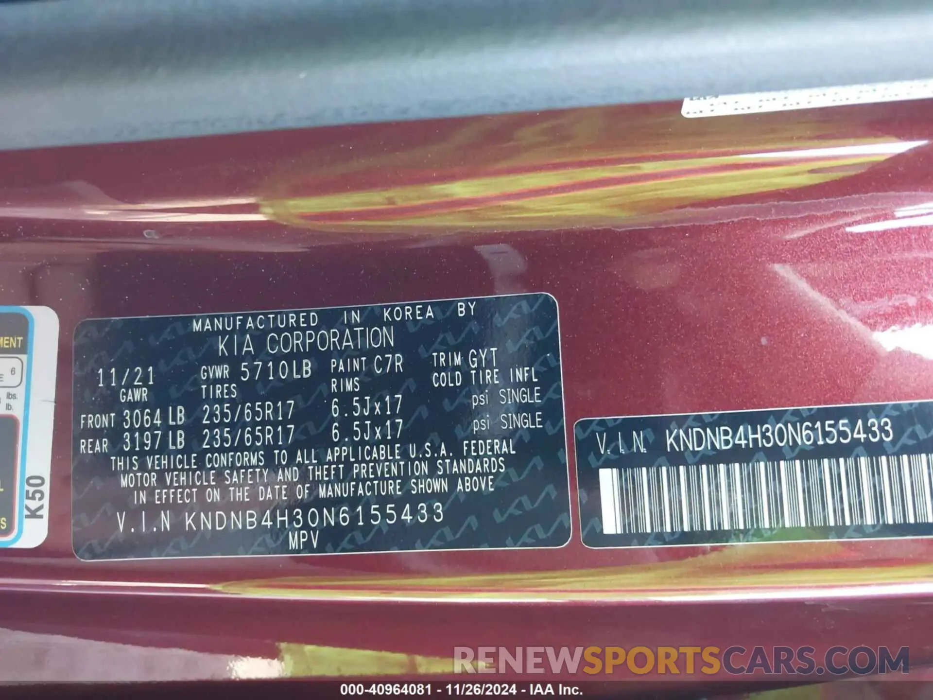 9 Photograph of a damaged car KNDNB4H30N6155433 KIA CARNIVAL MPV 2022