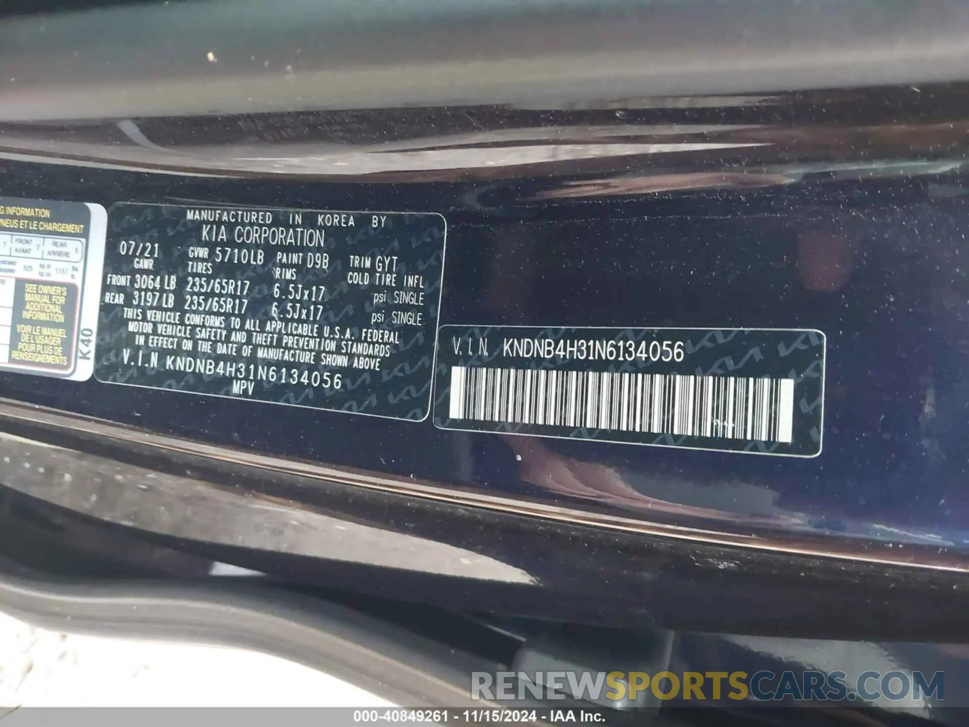9 Photograph of a damaged car KNDNB4H31N6134056 KIA CARNIVAL MPV 2022