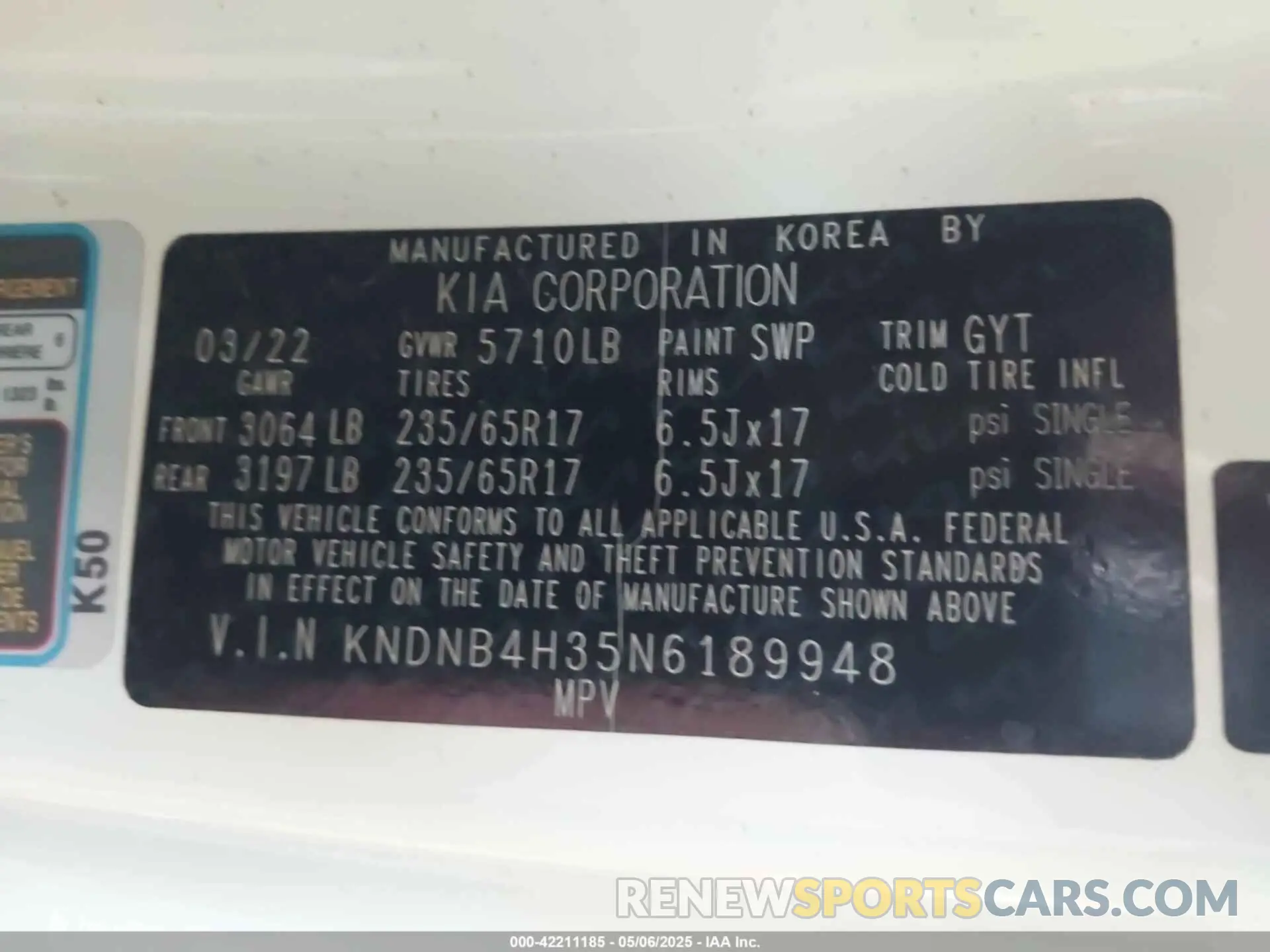 9 Photograph of a damaged car KNDNB4H35N6189948 KIA CARNIVAL MPV 2022