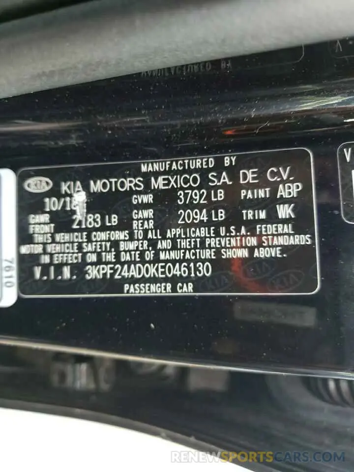 12 Photograph of a damaged car 3KPF24AD0KE046130 KIA FORTE 2019