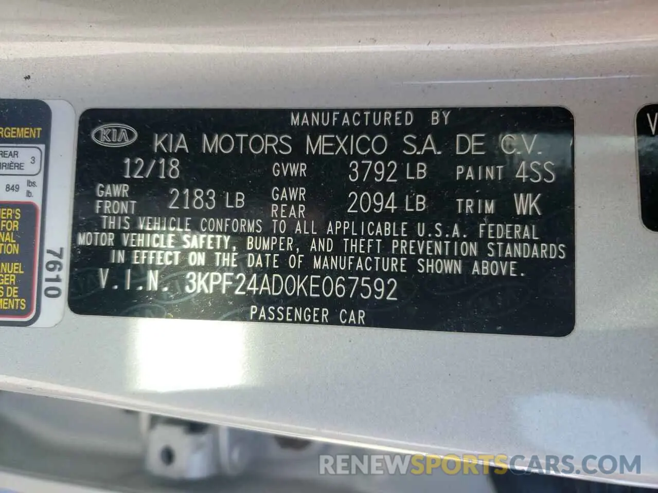 12 Photograph of a damaged car 3KPF24AD0KE067592 KIA FORTE 2019
