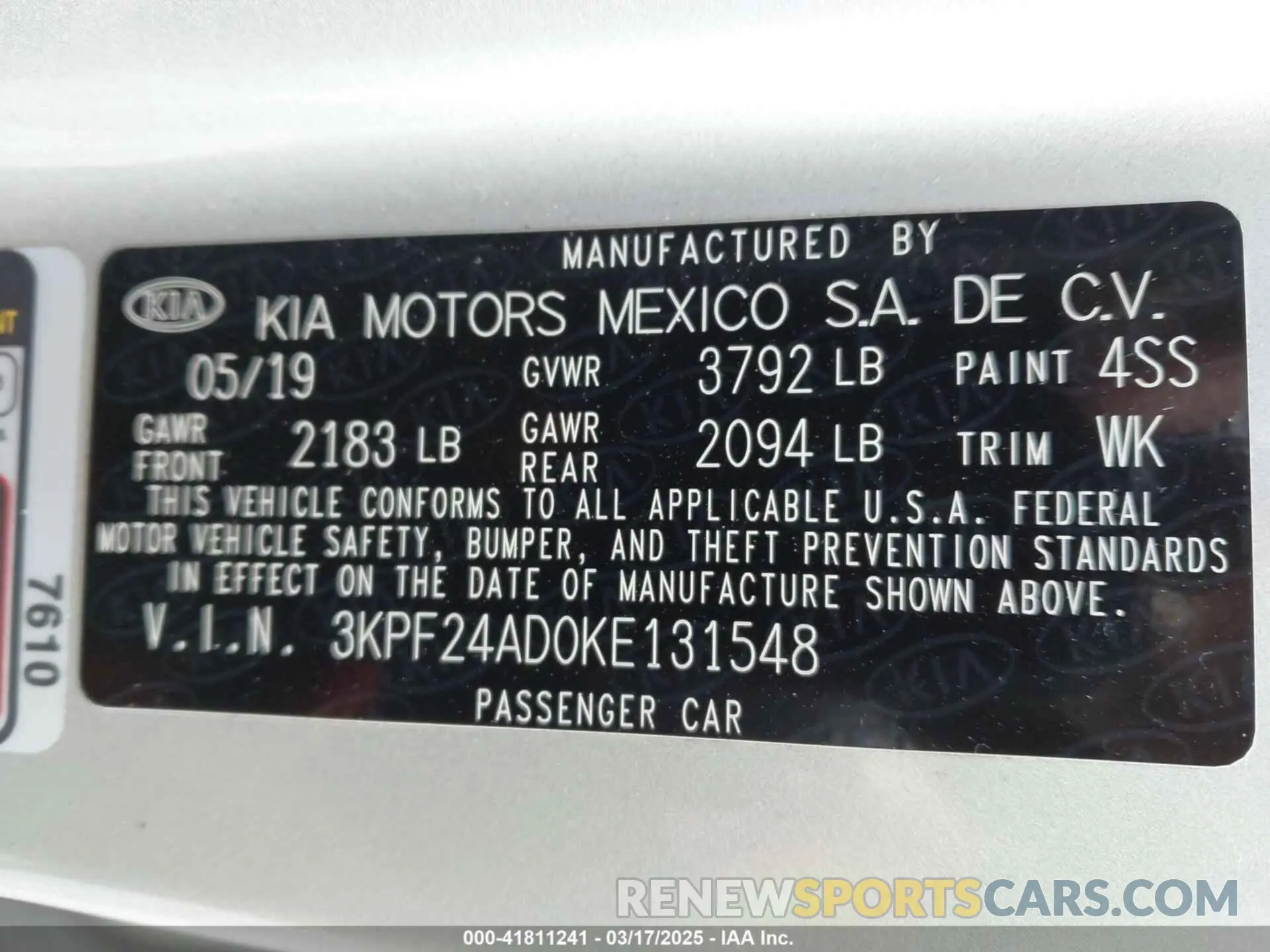 9 Photograph of a damaged car 3KPF24AD0KE131548 KIA FORTE 2019