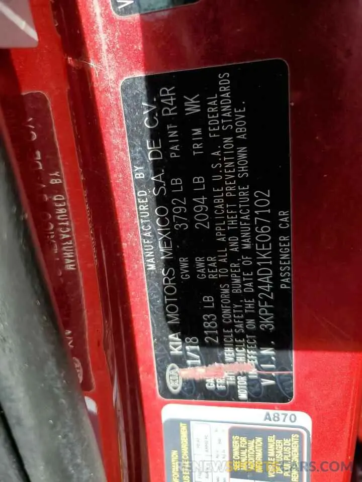 15 Photograph of a damaged car 3KPF24AD1KE067102 KIA FORTE 2019