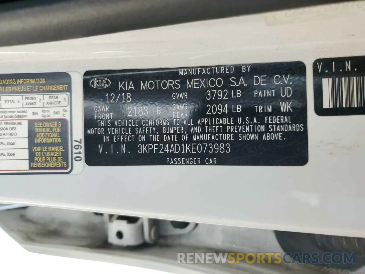 12 Photograph of a damaged car 3KPF24AD1KE073983 KIA FORTE 2019