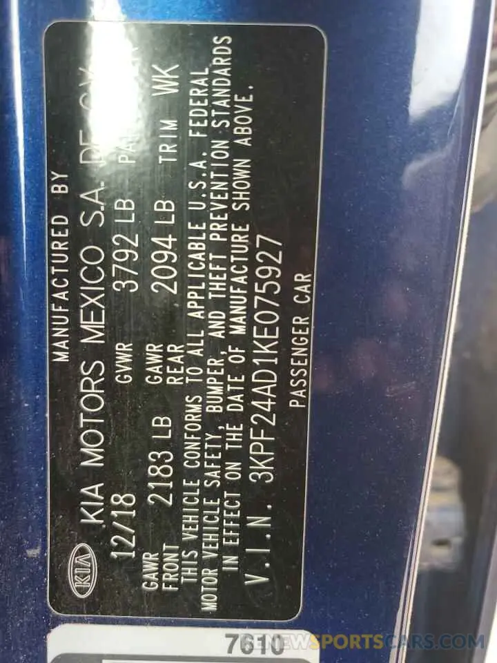 12 Photograph of a damaged car 3KPF24AD1KE075927 KIA FORTE 2019