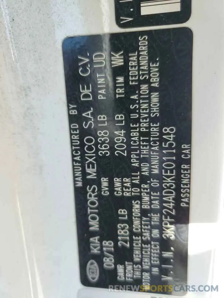 12 Photograph of a damaged car 3KPF24AD3KE011548 KIA FORTE 2019