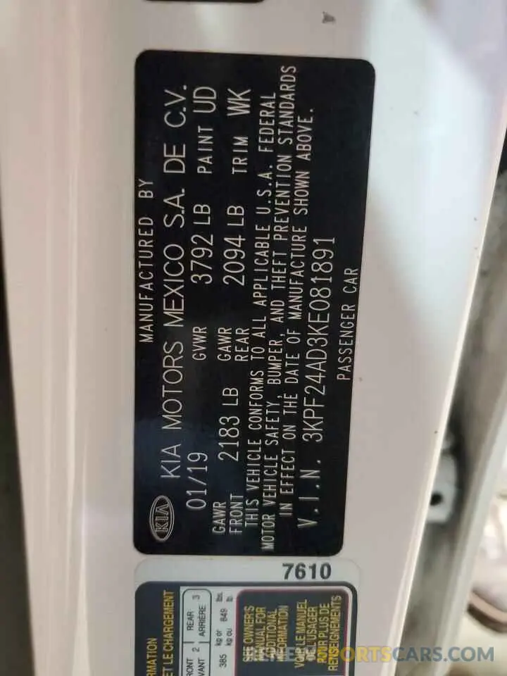 12 Photograph of a damaged car 3KPF24AD3KE081891 KIA FORTE 2019