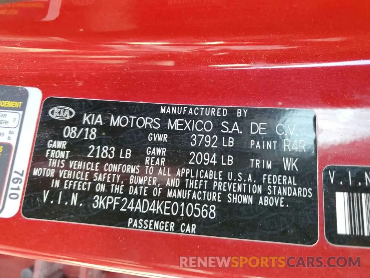 12 Photograph of a damaged car 3KPF24AD4KE010568 KIA FORTE 2019