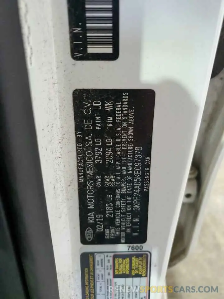 12 Photograph of a damaged car 3KPF24AD5KE097378 KIA FORTE 2019