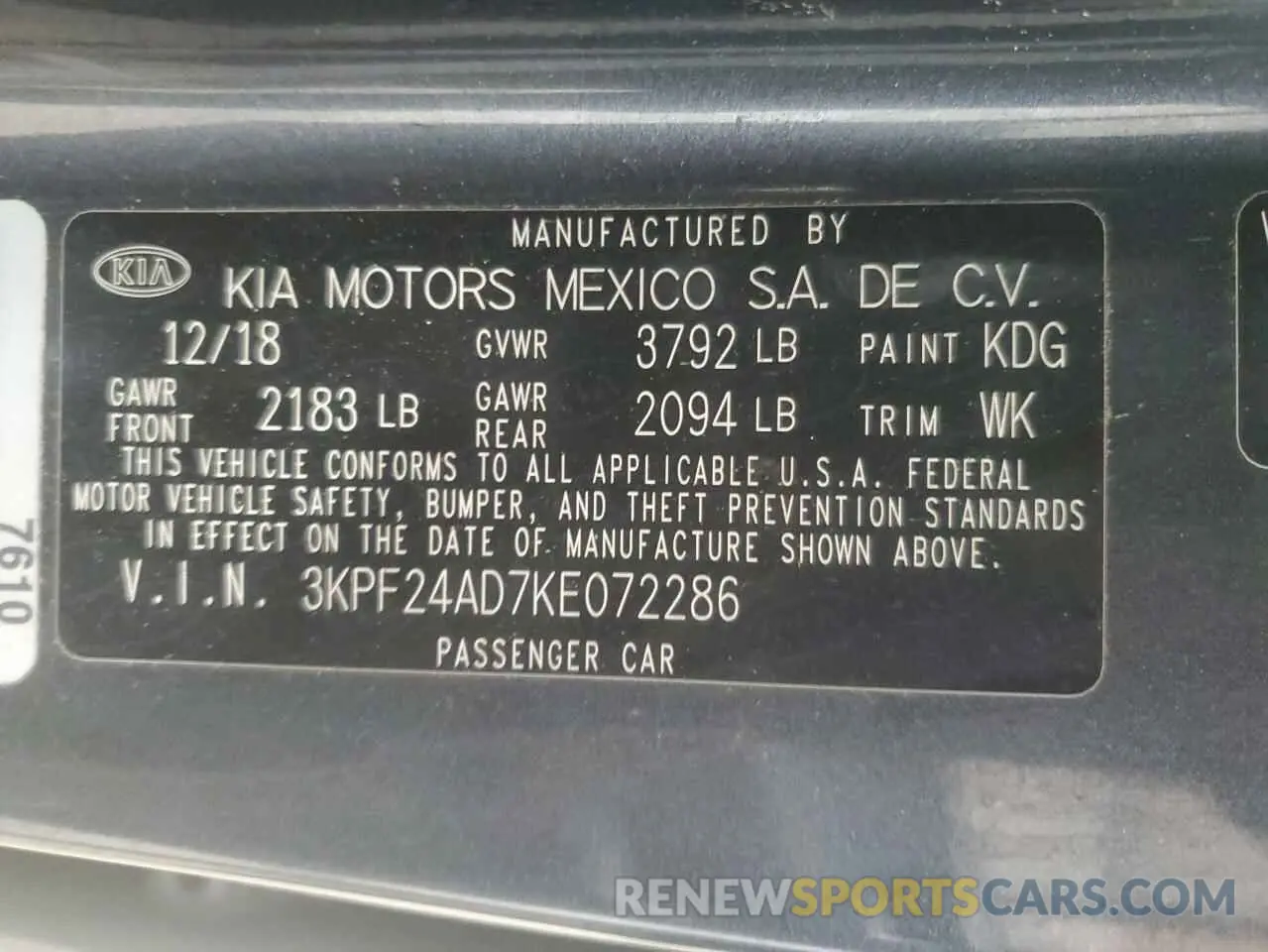 13 Photograph of a damaged car 3KPF24AD7KE072286 KIA FORTE 2019