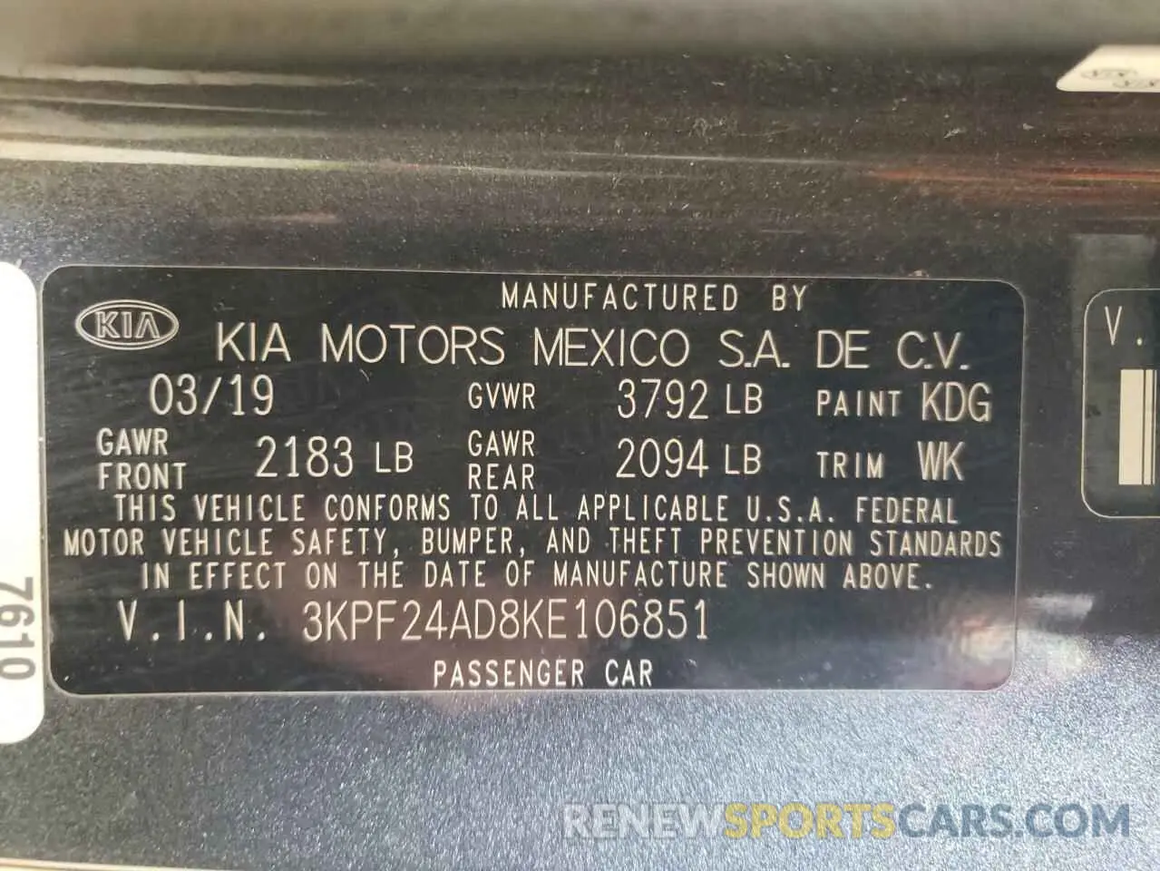 12 Photograph of a damaged car 3KPF24AD8KE106851 KIA FORTE 2019