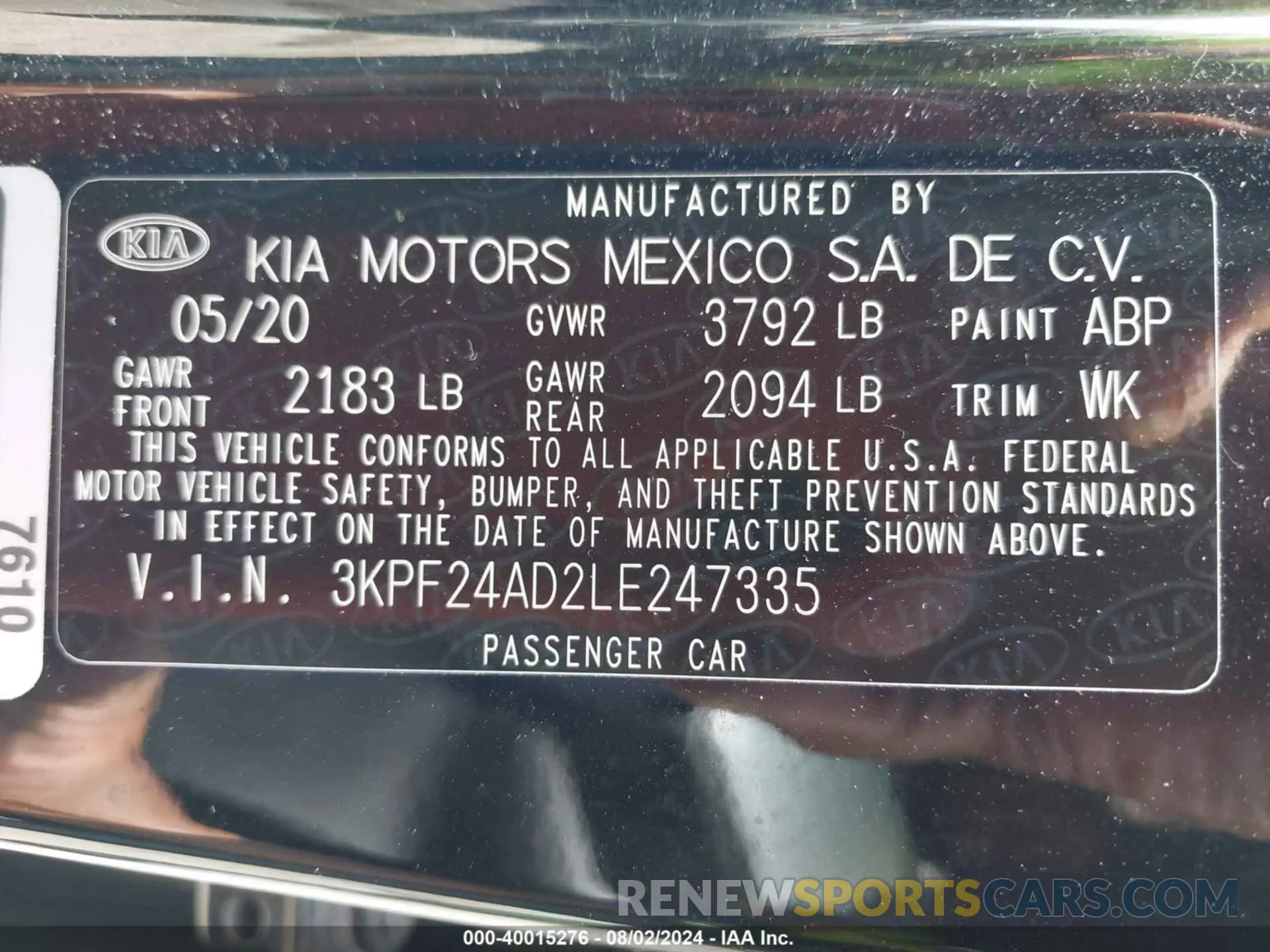 9 Photograph of a damaged car 3KPF24AD2LE247335 KIA FORTE 2020