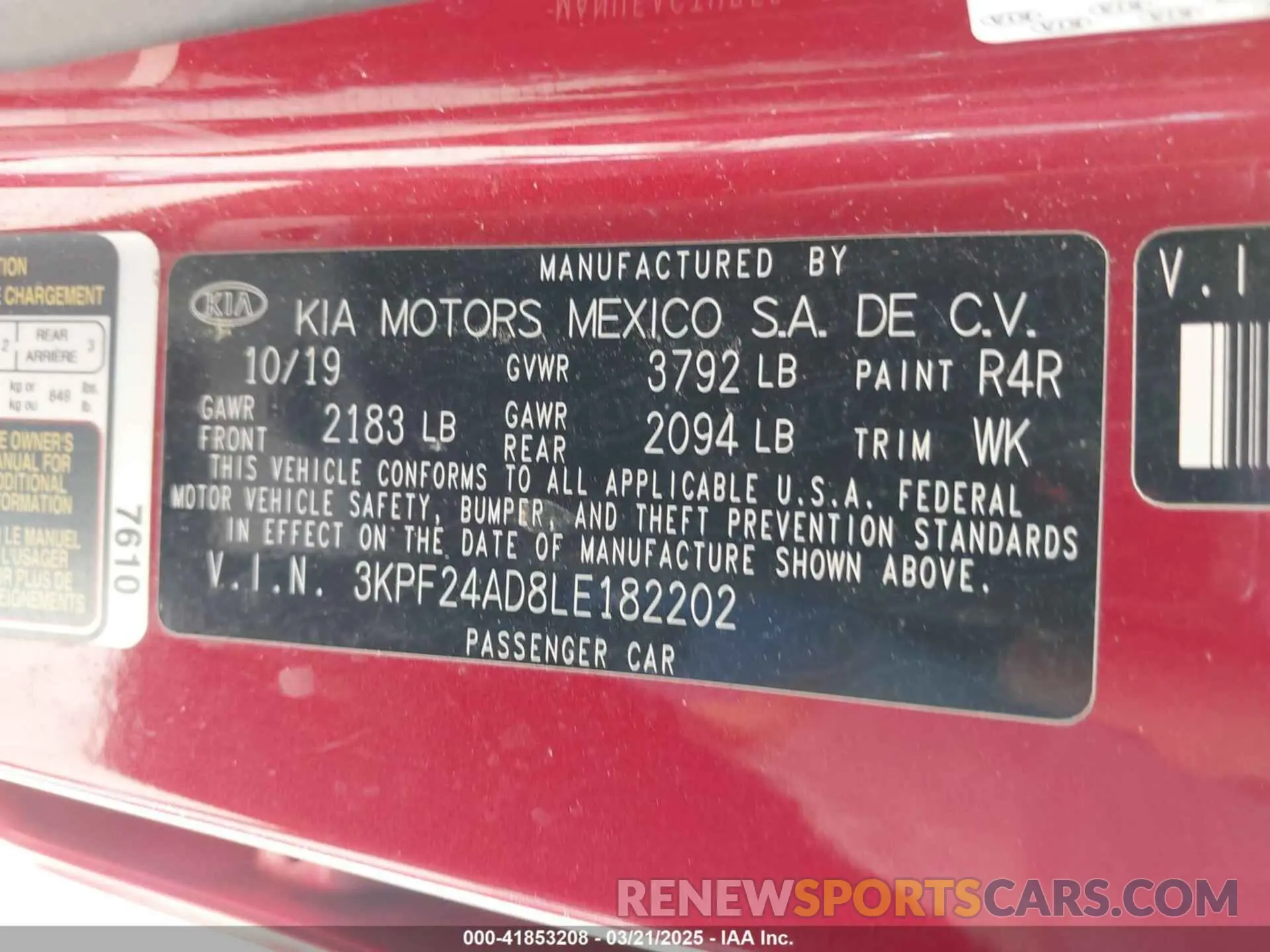 9 Photograph of a damaged car 3KPF24AD8LE182202 KIA FORTE 2020