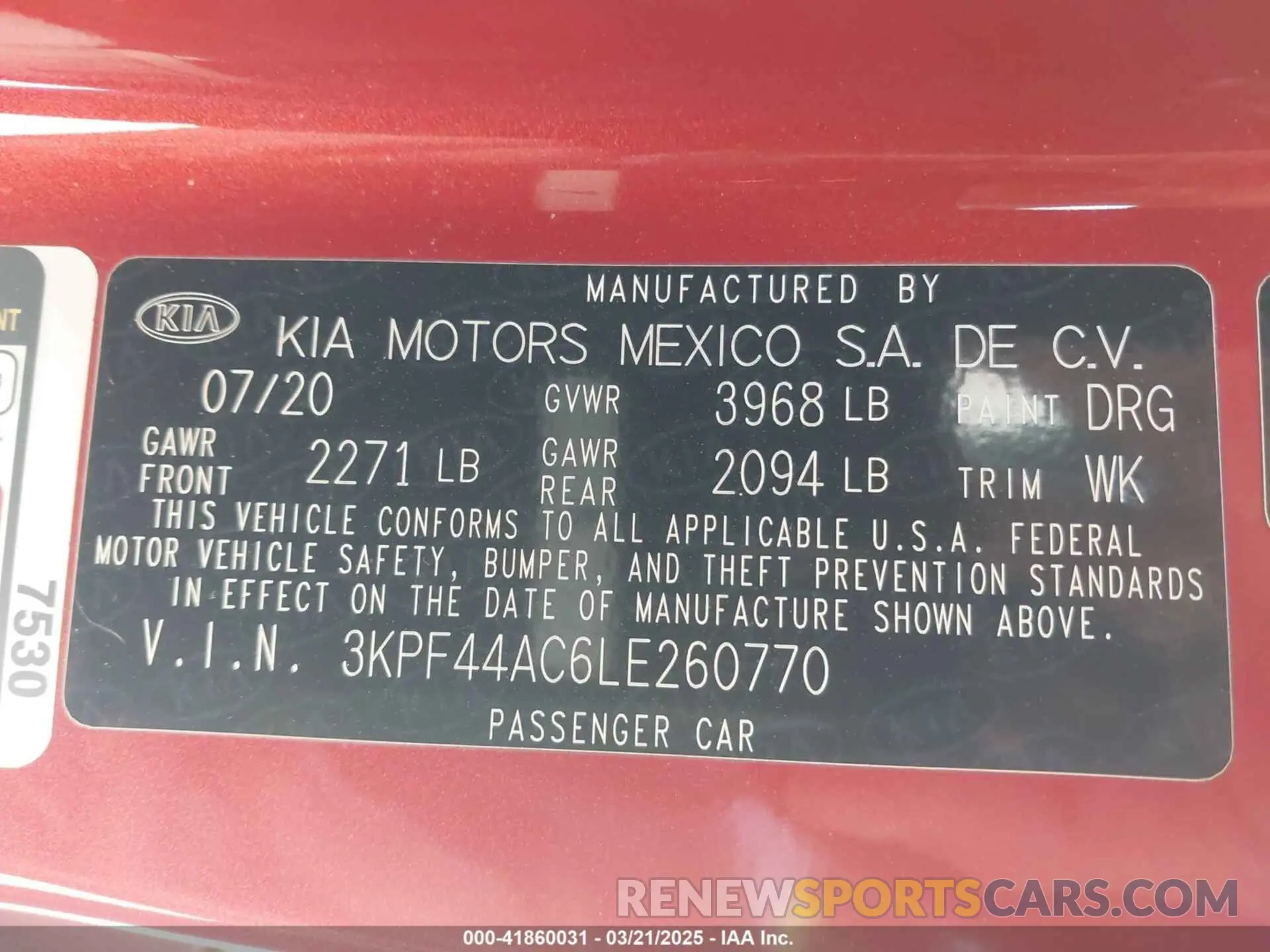 9 Photograph of a damaged car 3KPF44AC6LE260770 KIA FORTE 2020